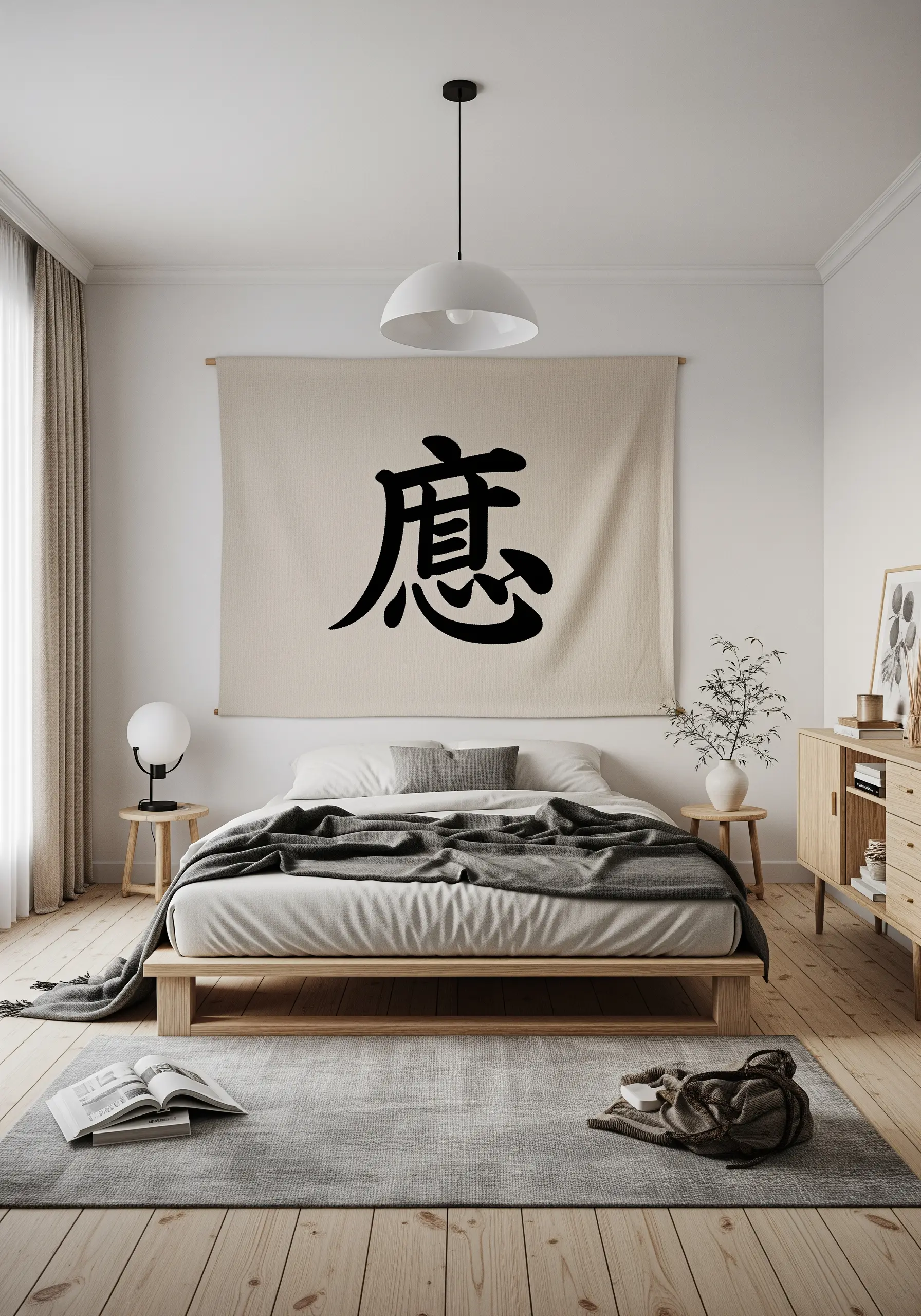 A large fabric wall hanging with a single, bold black Japanese character above a minimalist bed.