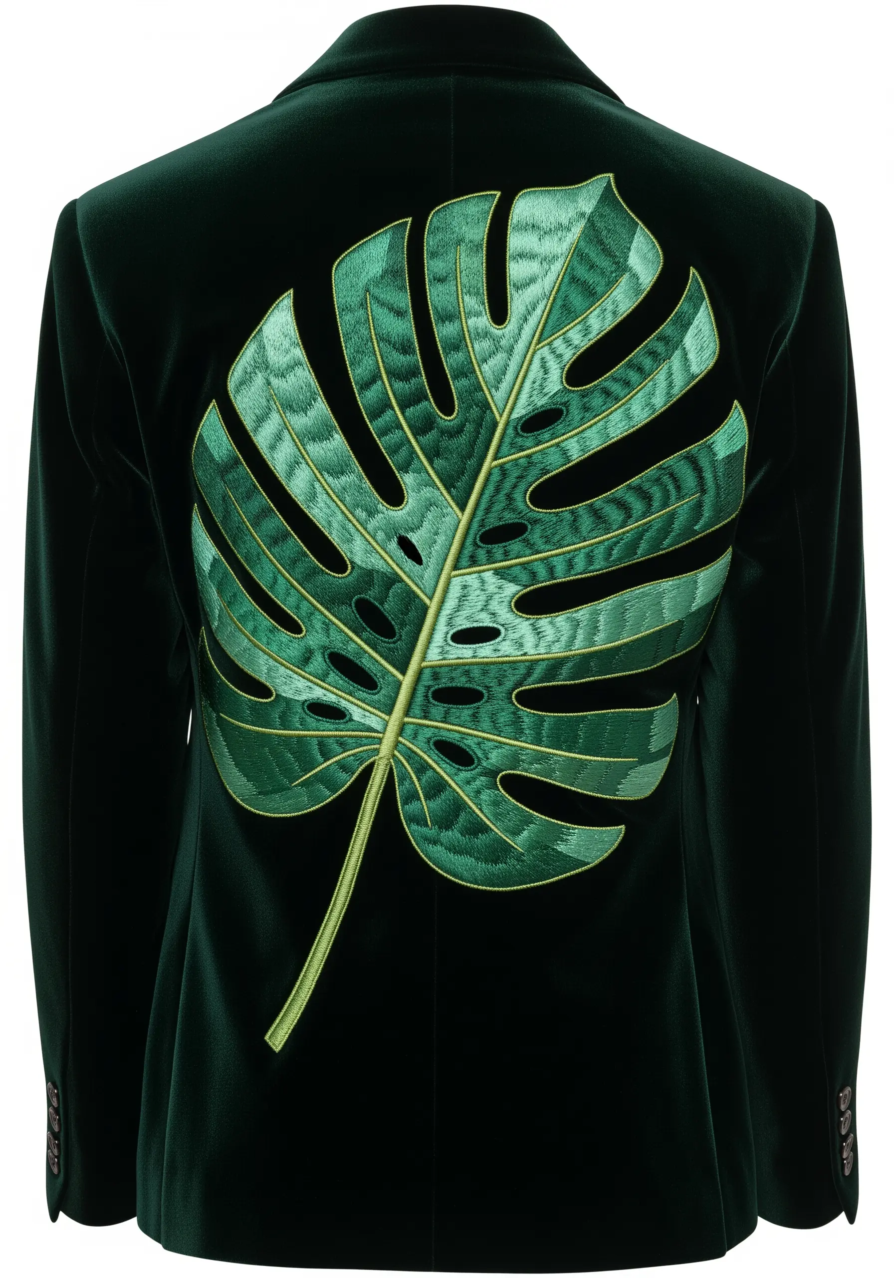 A large, embroidered monstera leaf with detailed shading on the back of a velvet jacket.