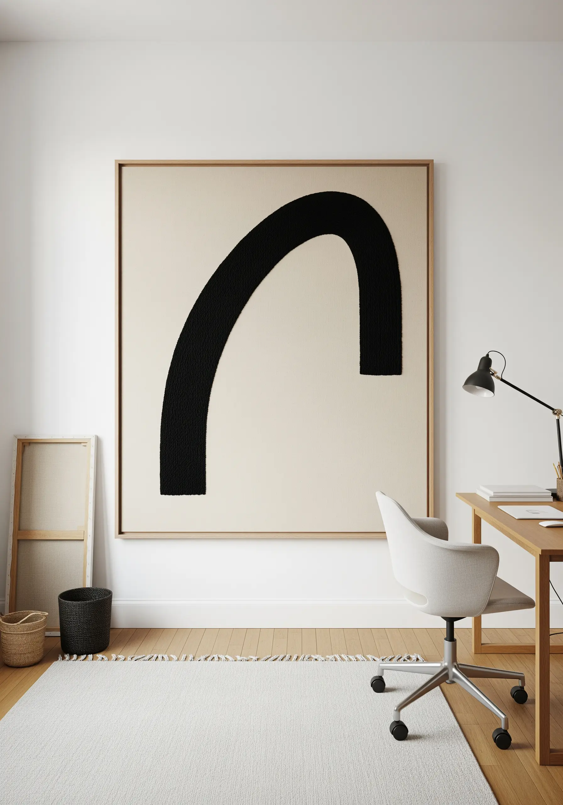 A large-scale abstract black arch embroidered on a canvas in a modern room.