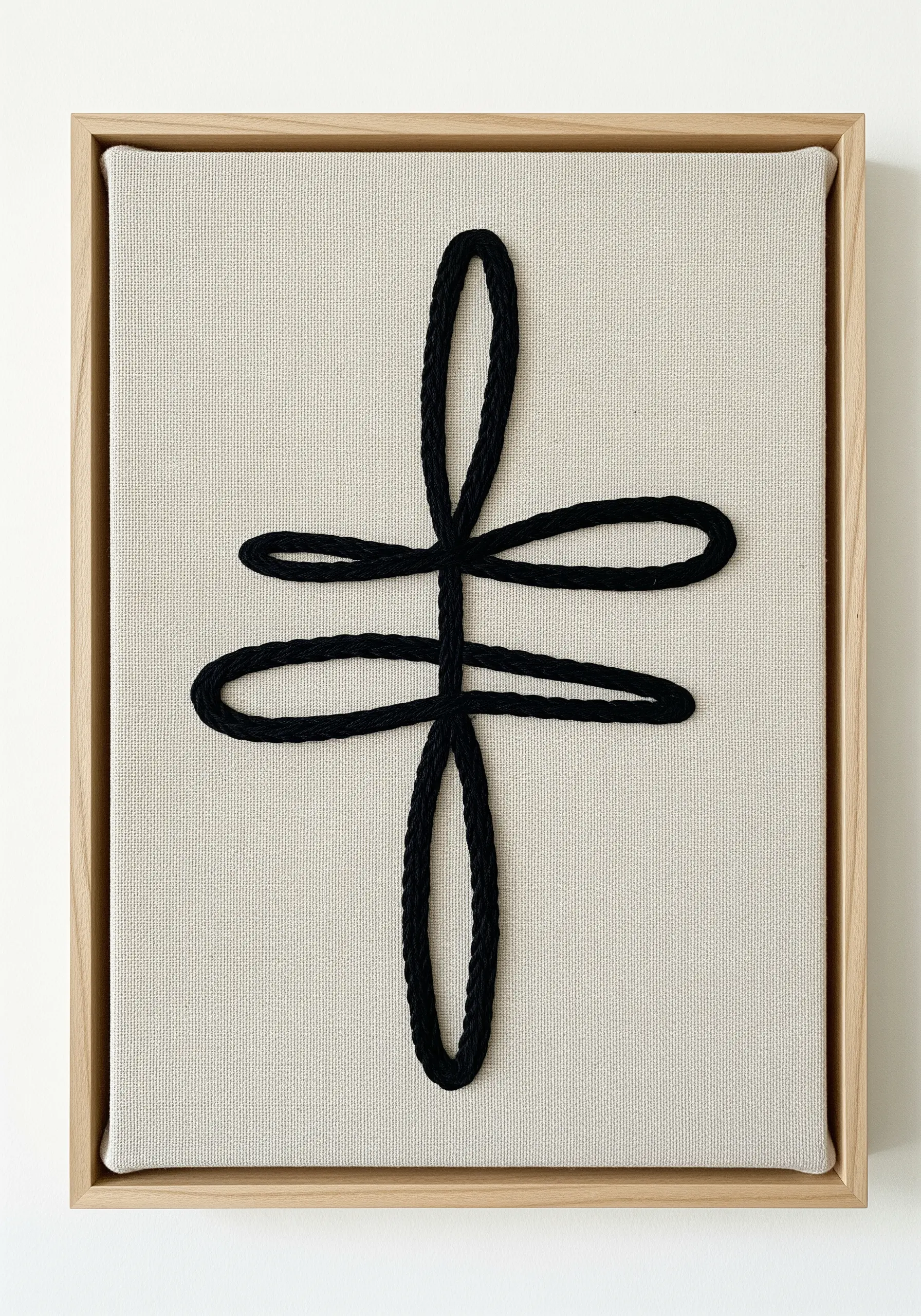 A single, thick black cord arranged in an abstract, continuous line on a framed canvas.