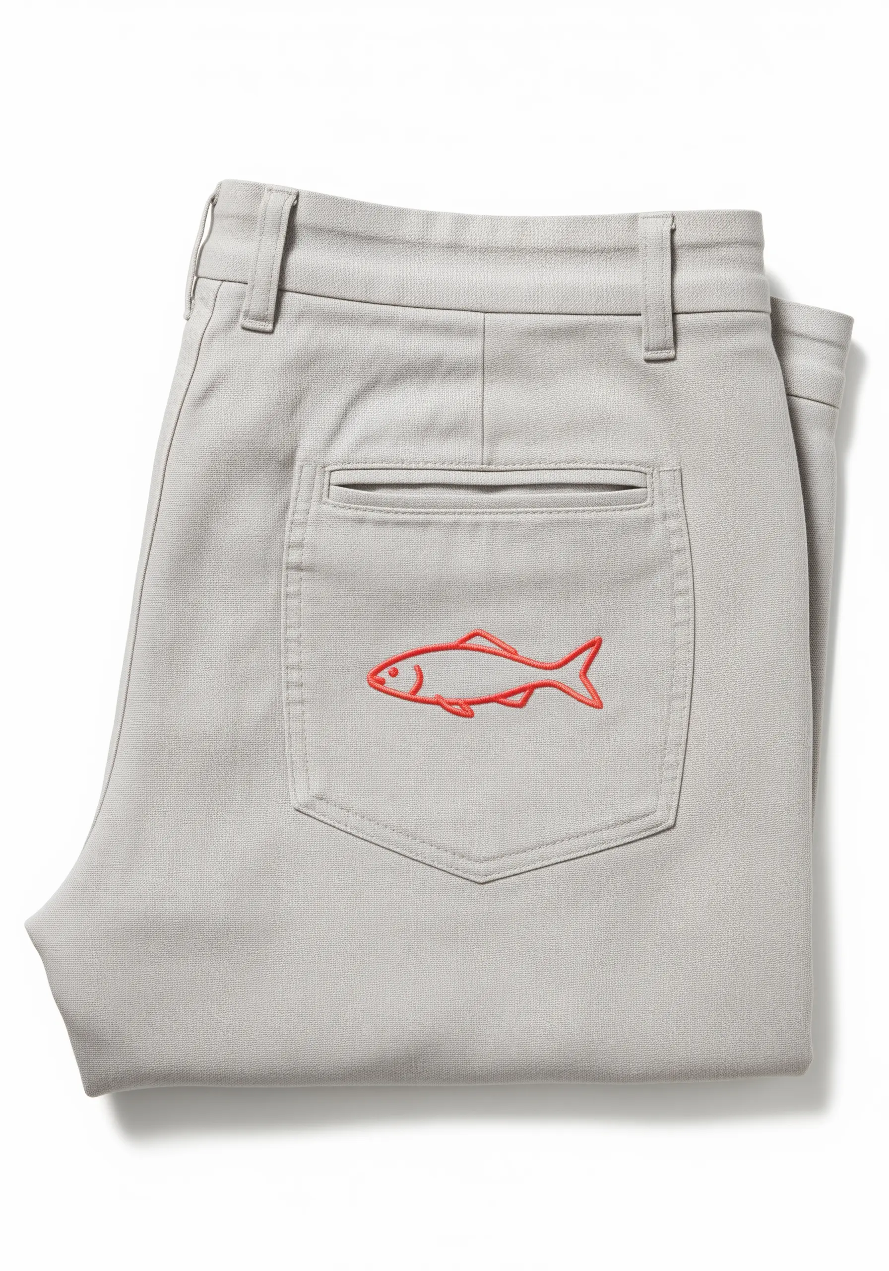 A simple fish outlined in bright red thread on the back pocket of light gray pants.