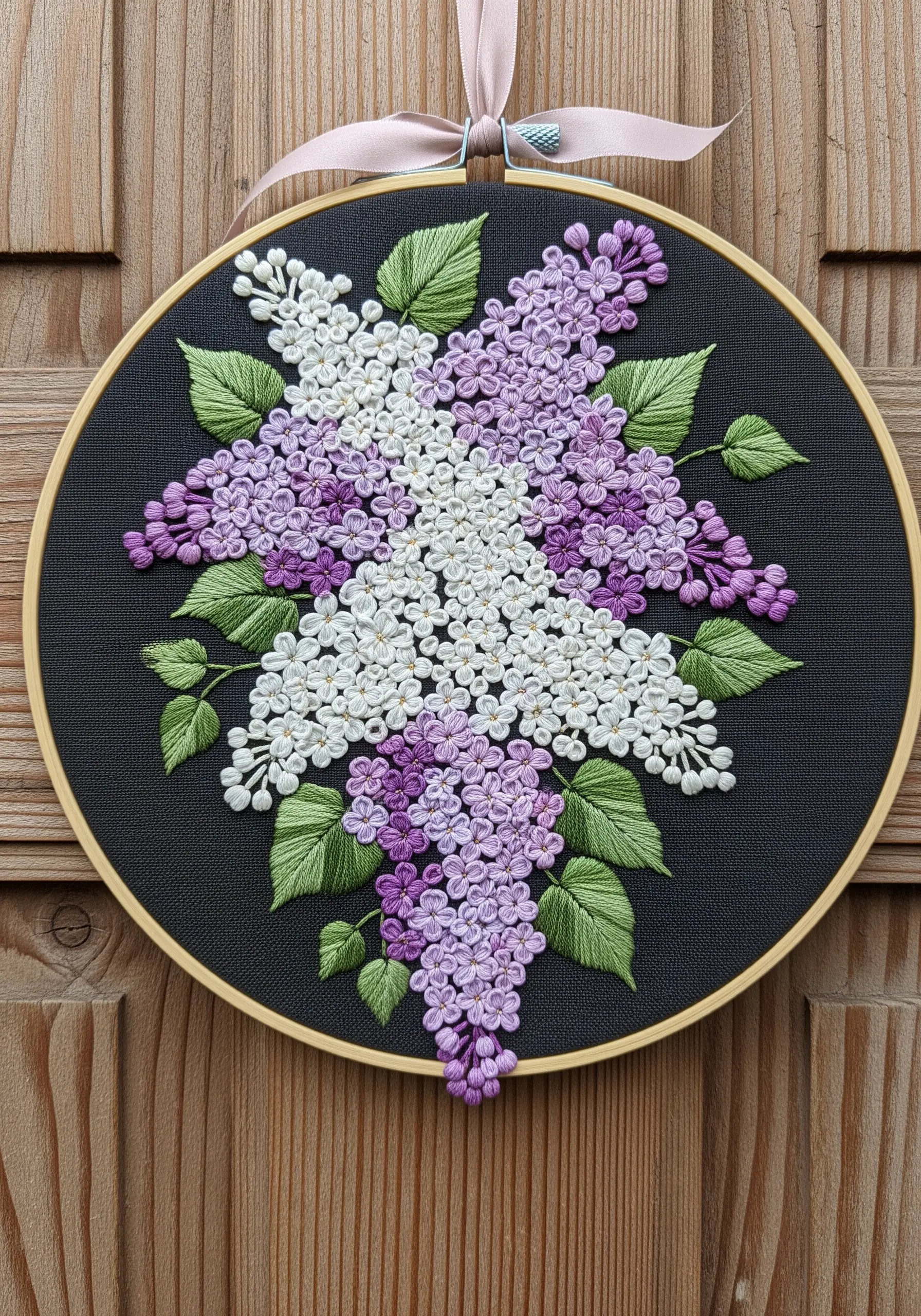 Embroidered white and purple lilacs on black fabric, hanging on a wooden door.