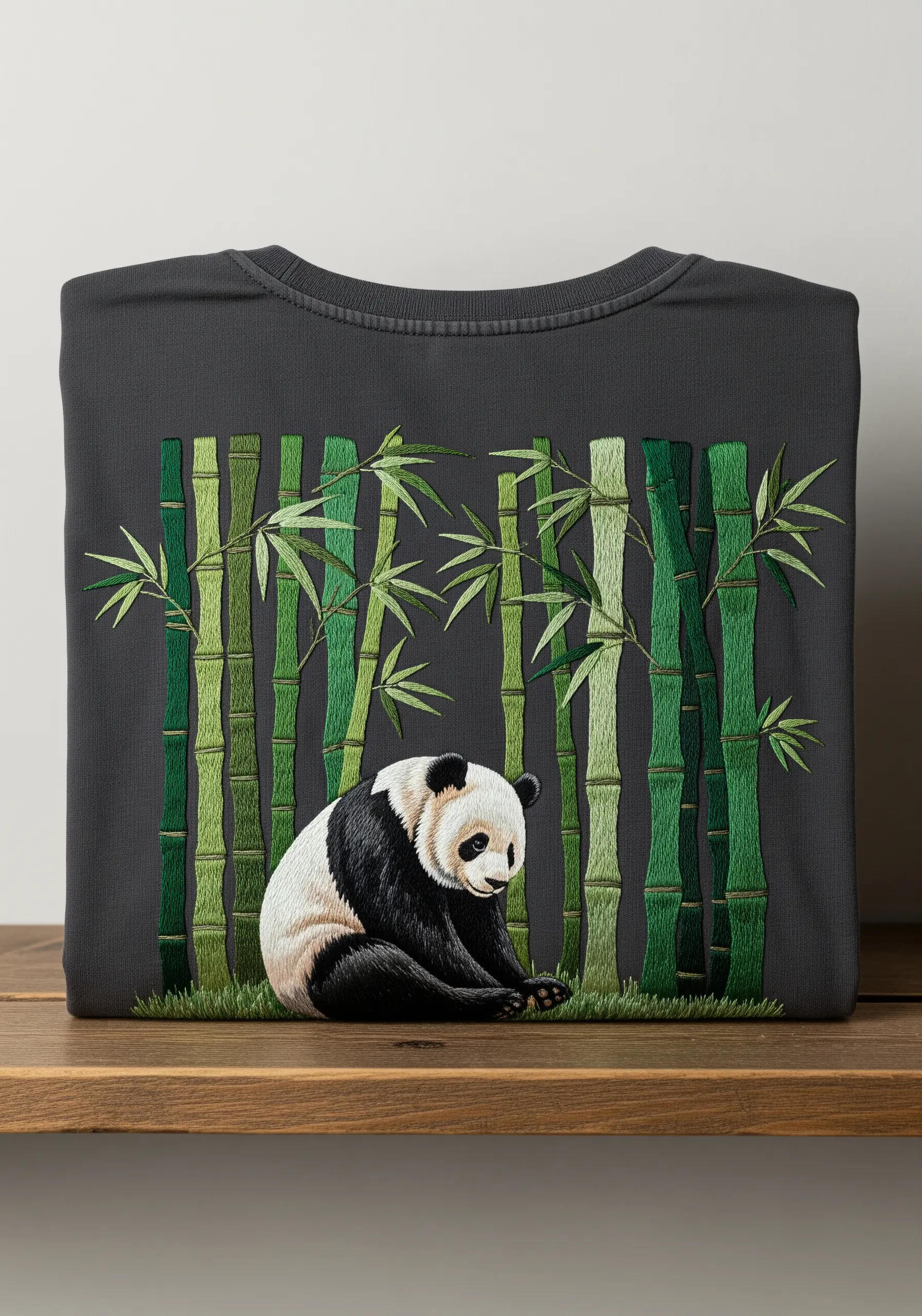 A thread-painted panda sitting in a bamboo forest, embroidered on a dark grey sweatshirt.
