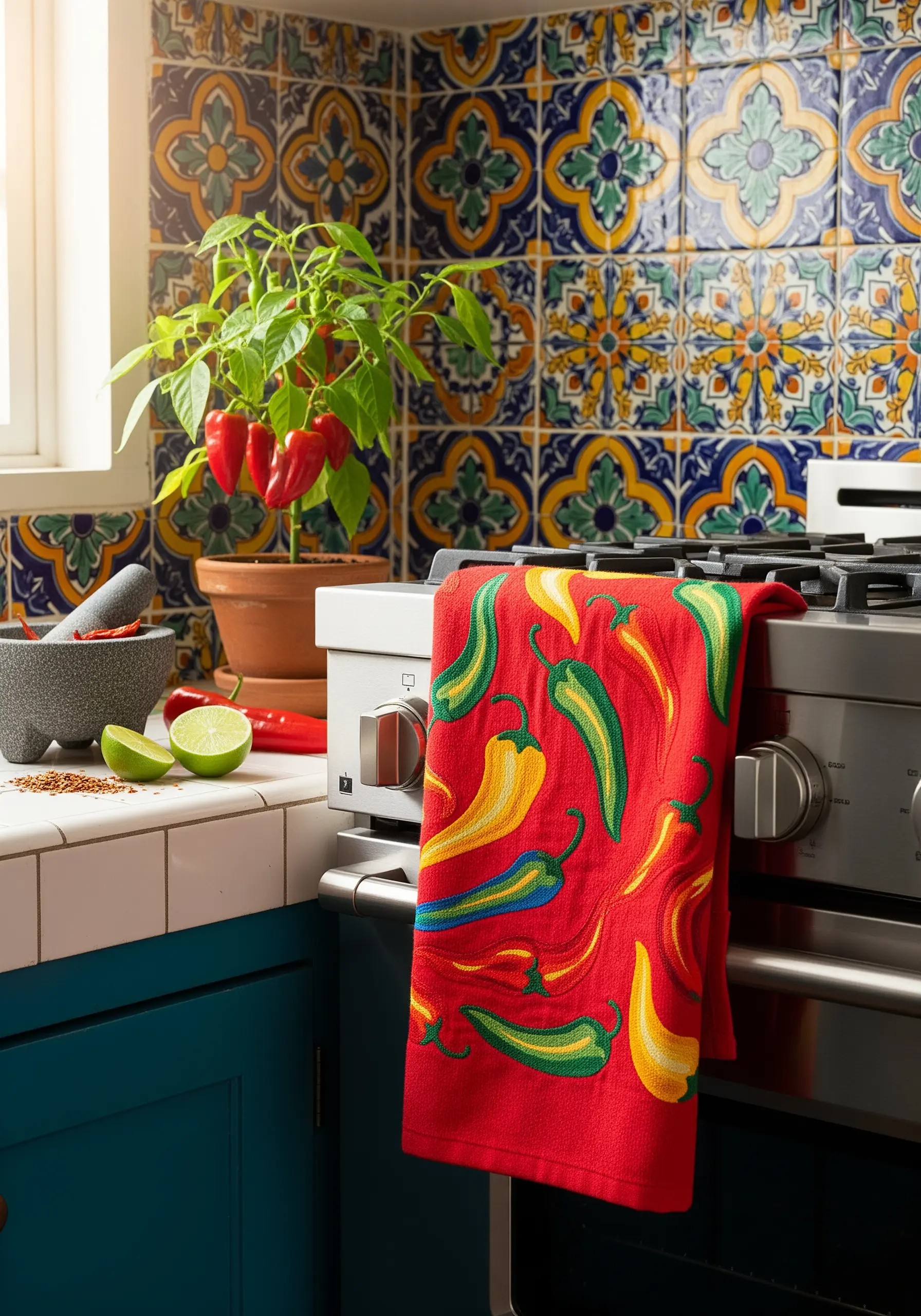 A pattern of colorful embroidered chili peppers on a vibrant red kitchen towel.
