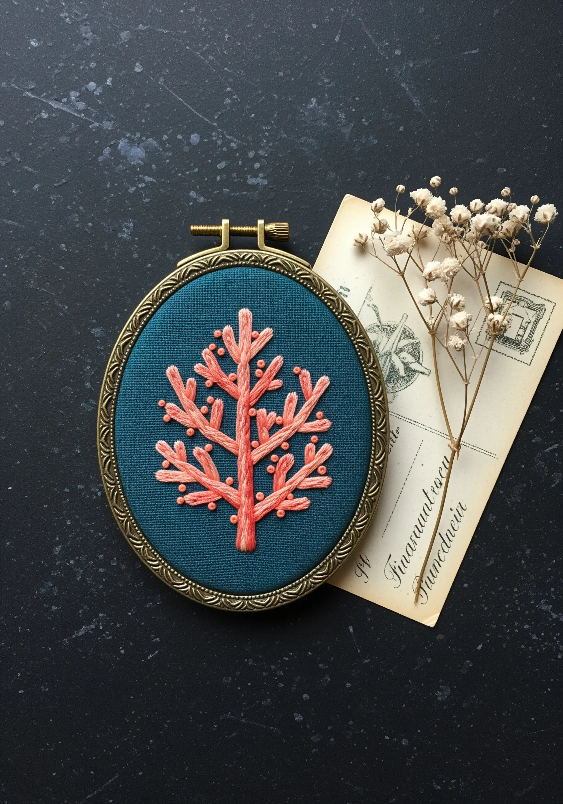 Bright pink embroidered coral branch with tiny orange knots on dark teal fabric.