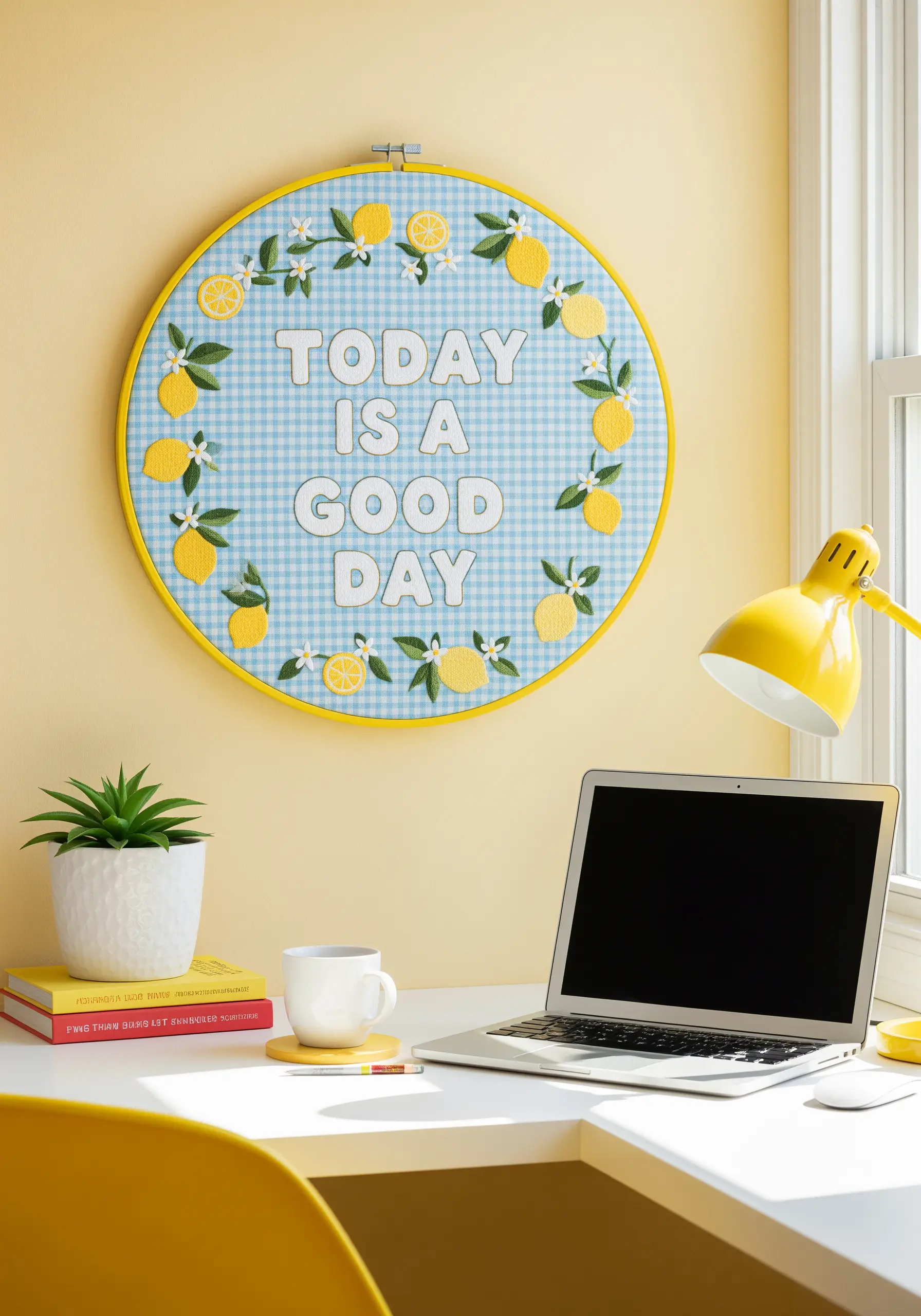 Embroidery on blue gingham fabric, with white padded letters and a lemon border.