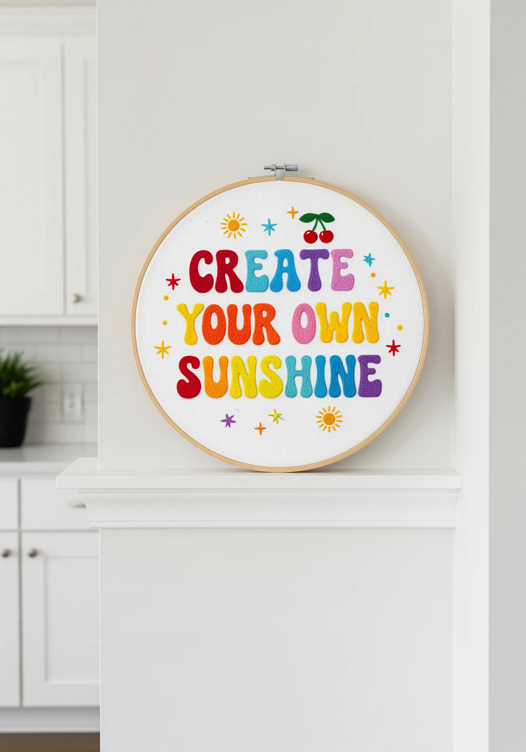 A cheerful embroidery hoop with the quote 'Create Your Own Sunshine' in colorful, puffy letters.
