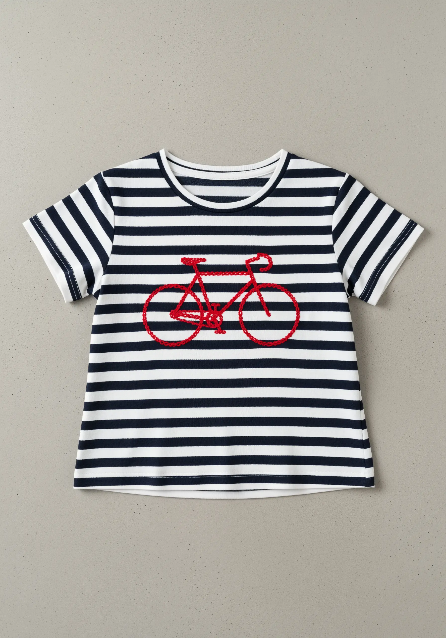 A red bicycle embroidered in a thick chain stitch on a navy and white striped shirt.