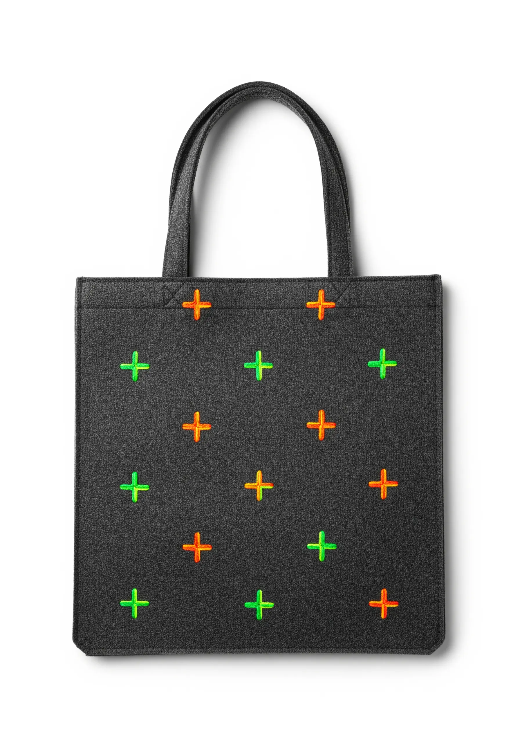 Minimalist pattern of small, bright neon green and orange plus signs on a dark grey tote.