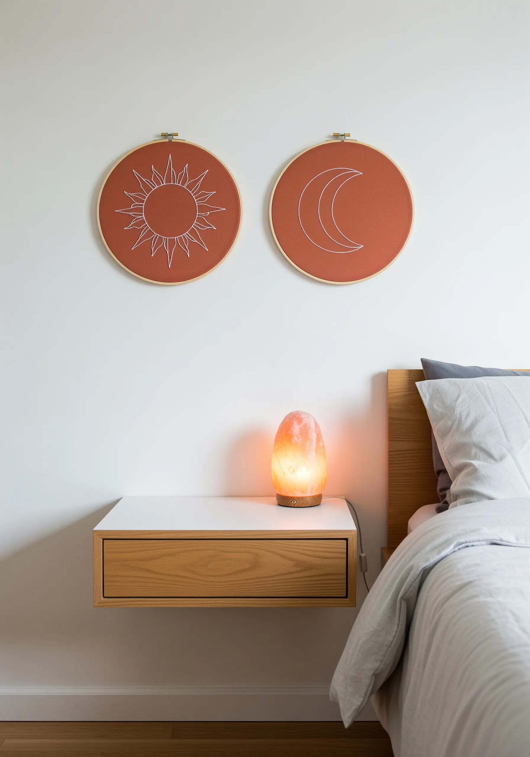 A pair of embroidery hoops with sun and moon icons stitched in white on terracotta fabric.