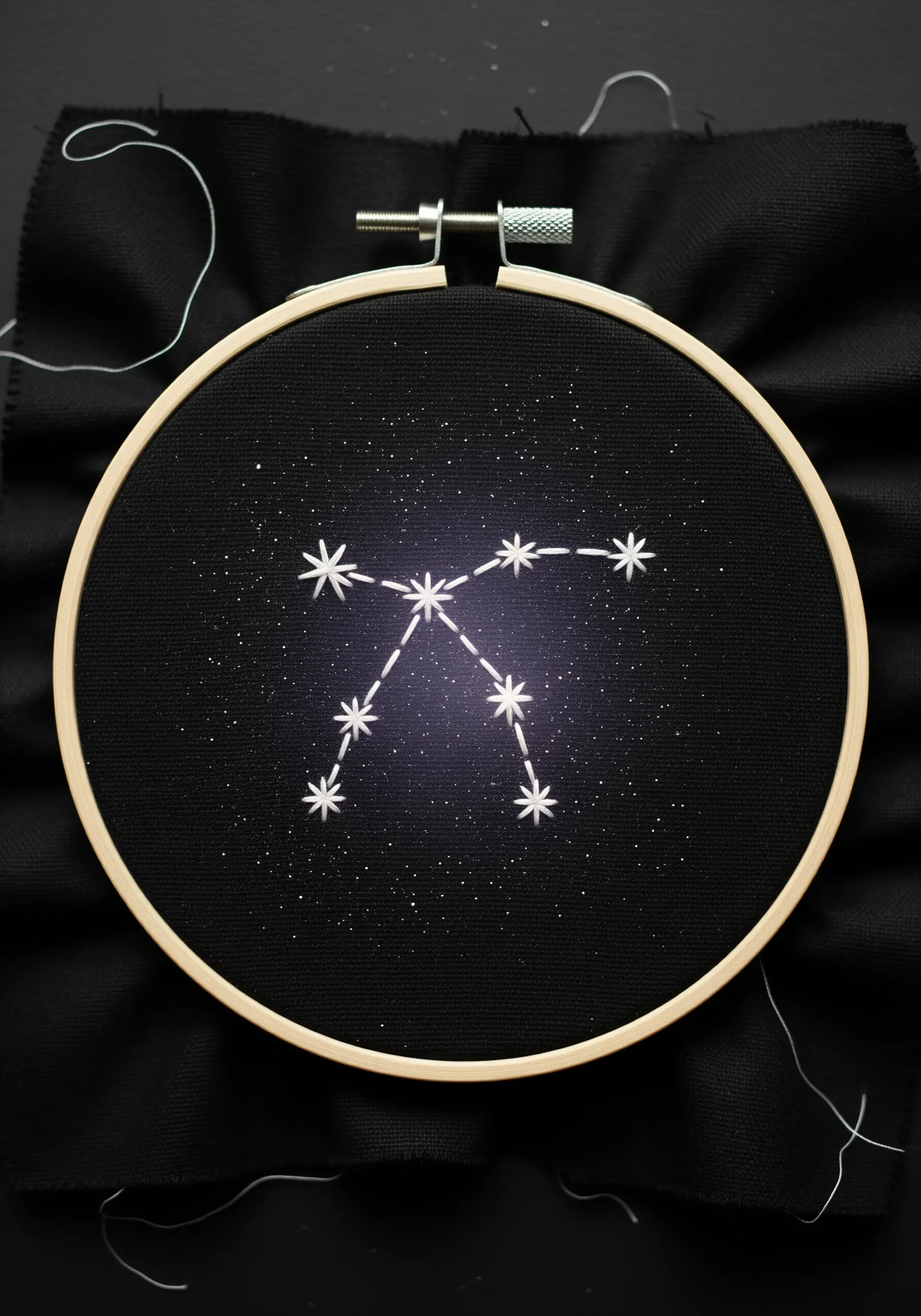 A constellation stitched in white thread on black fabric, with a subtle glow effect.