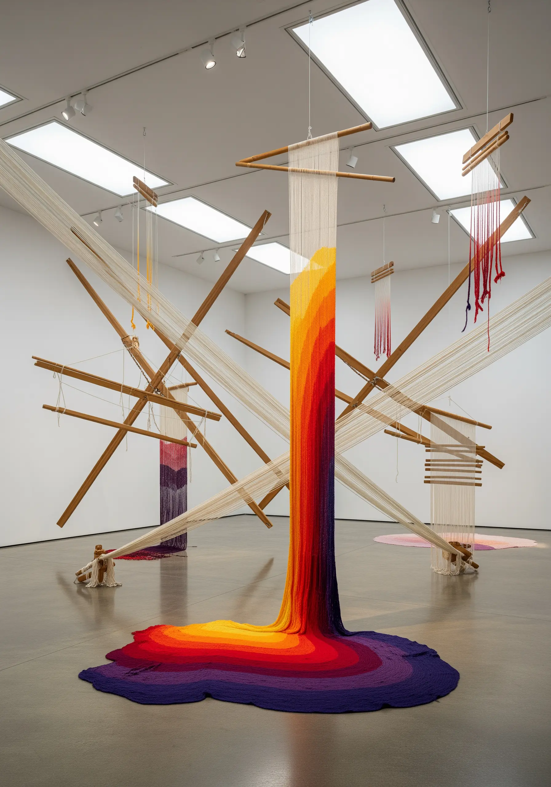 A colorful weaving flowing from a deconstructed wooden loom structure in a gallery.
