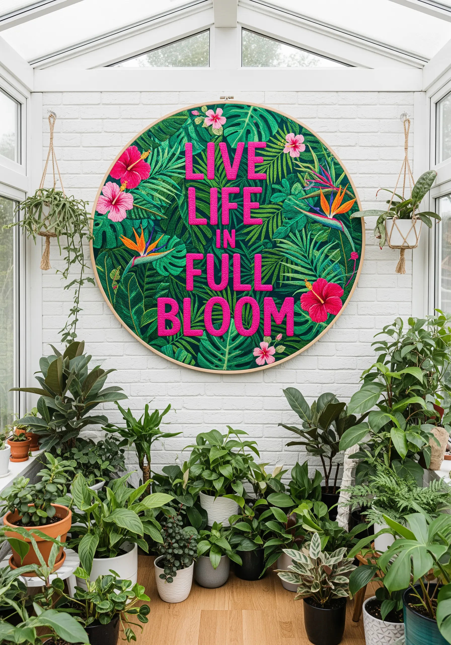 A large embroidery hoop with a bold pink quote layered over a dense background of tropical leaves.