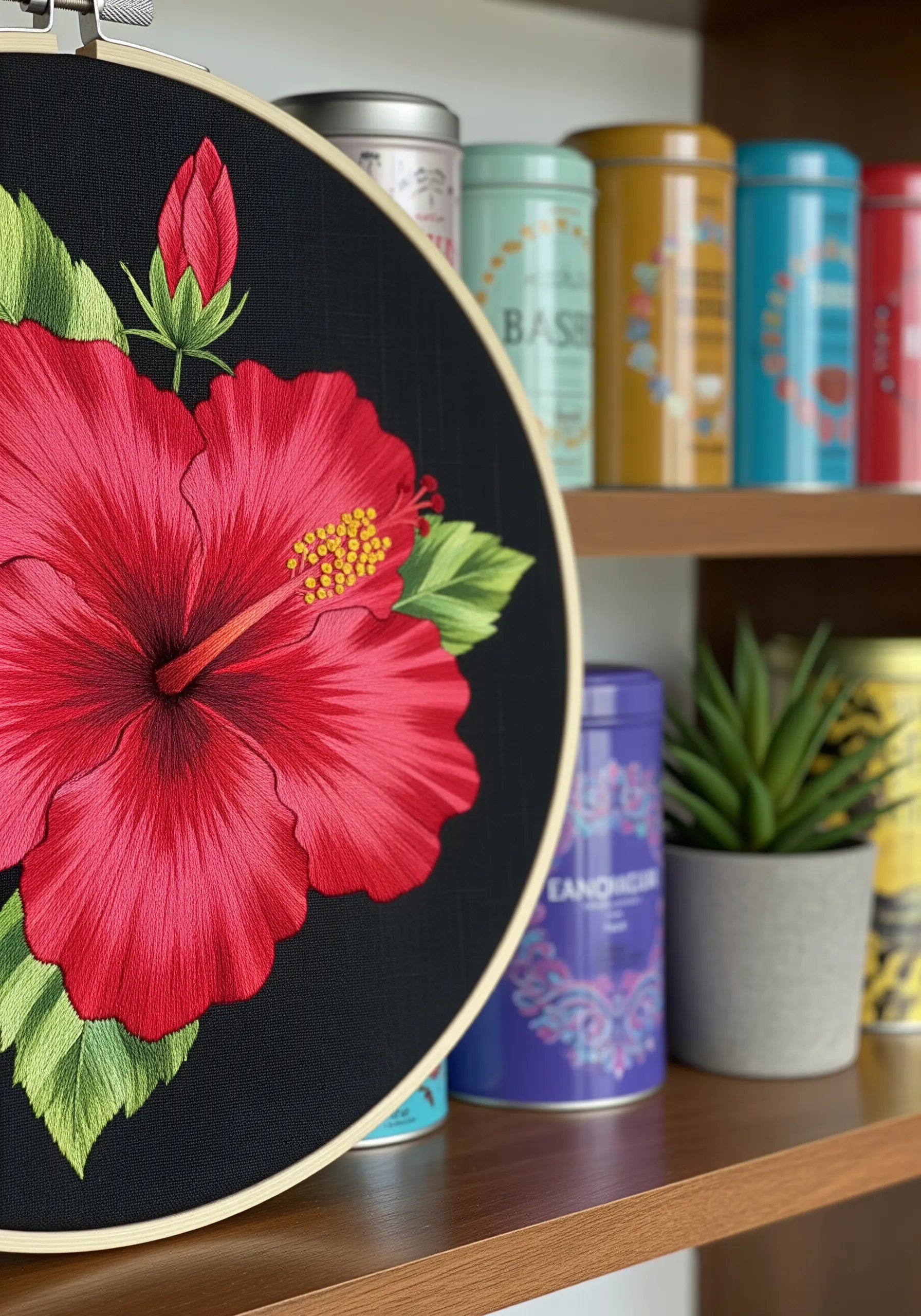 A vibrant red hibiscus flower thread-painted on black fabric in a hoop.