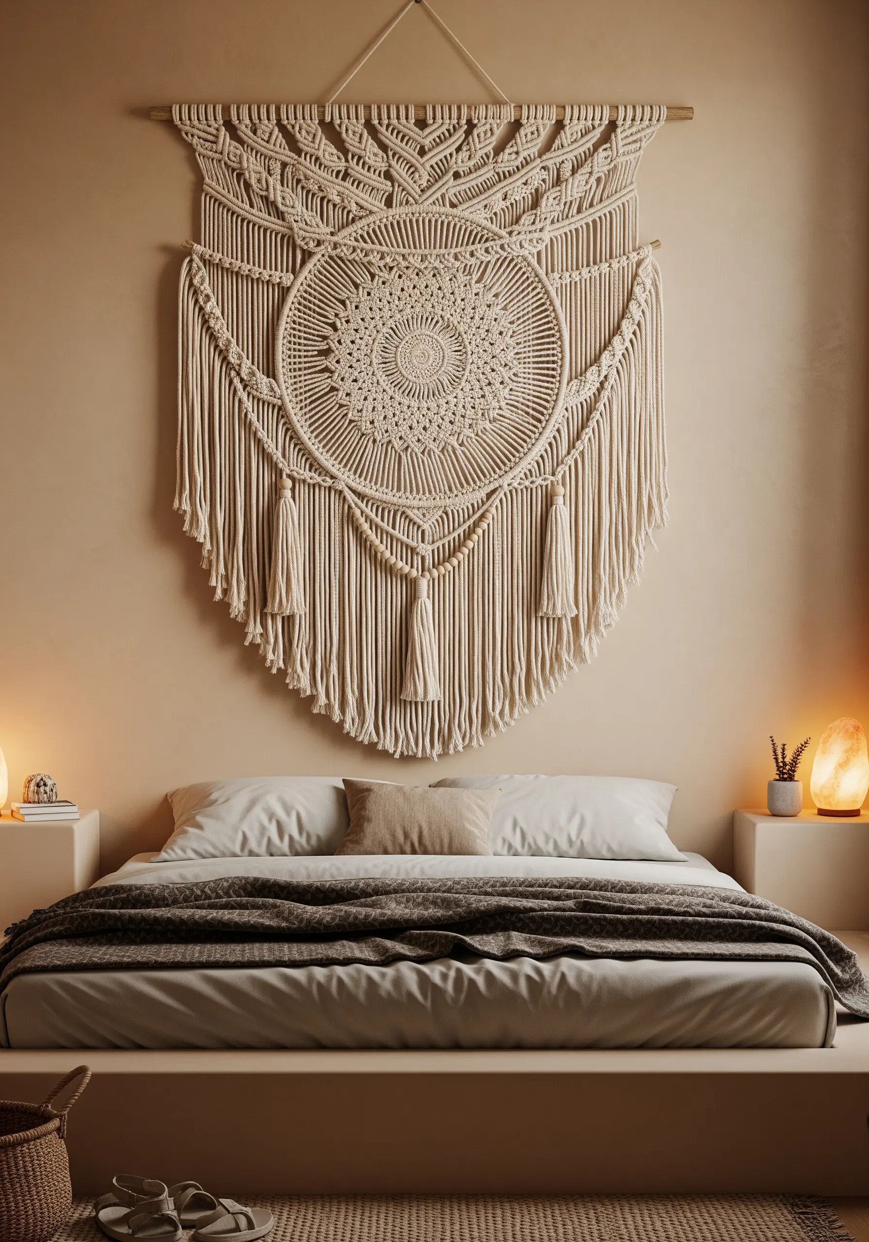 A large, intricate macrame-style mandala wall hanging in a neutral cream color over a bed.