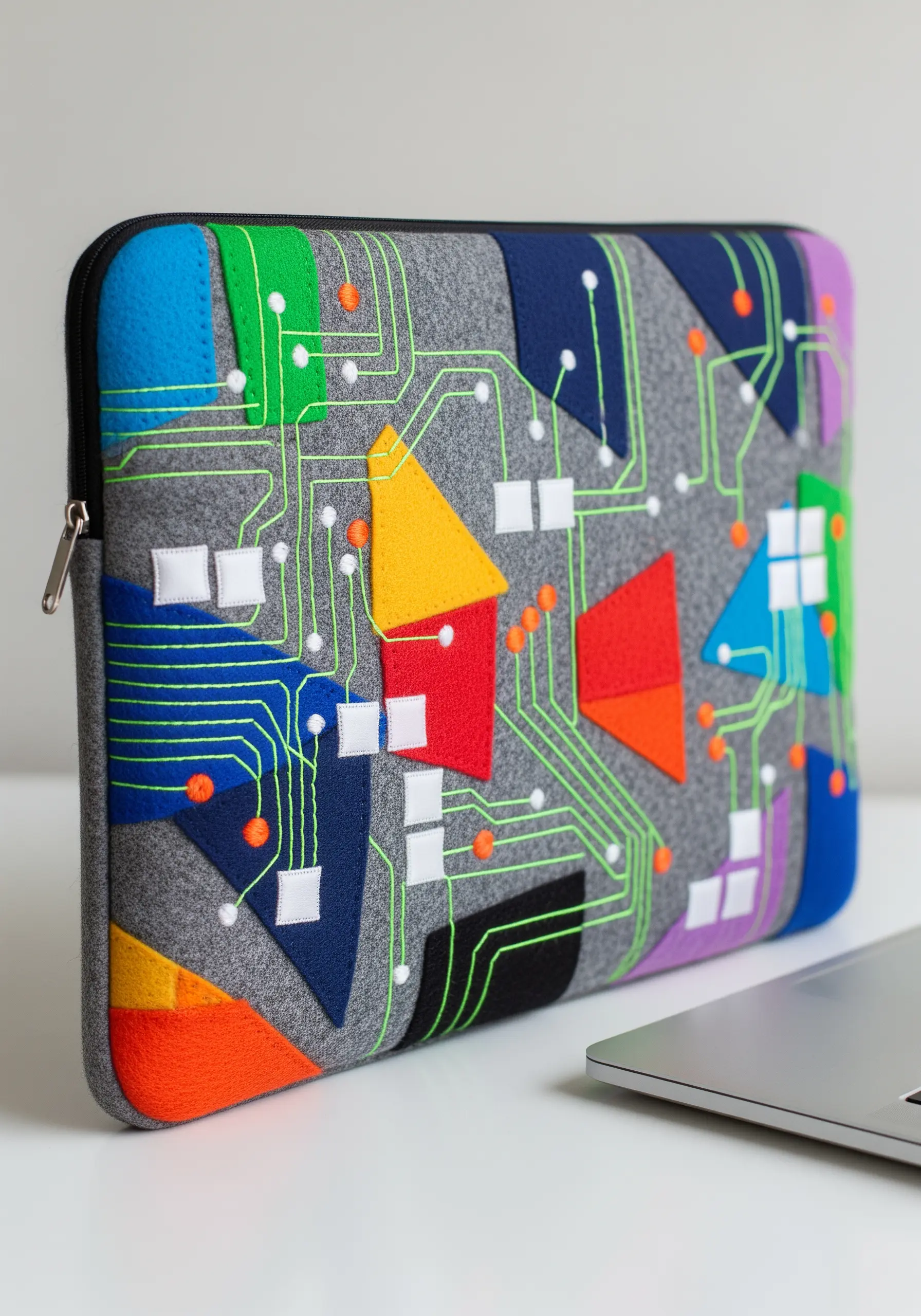 Felt laptop sleeve decorated with colorful geometric shapes and neon green circuit board embroidery.