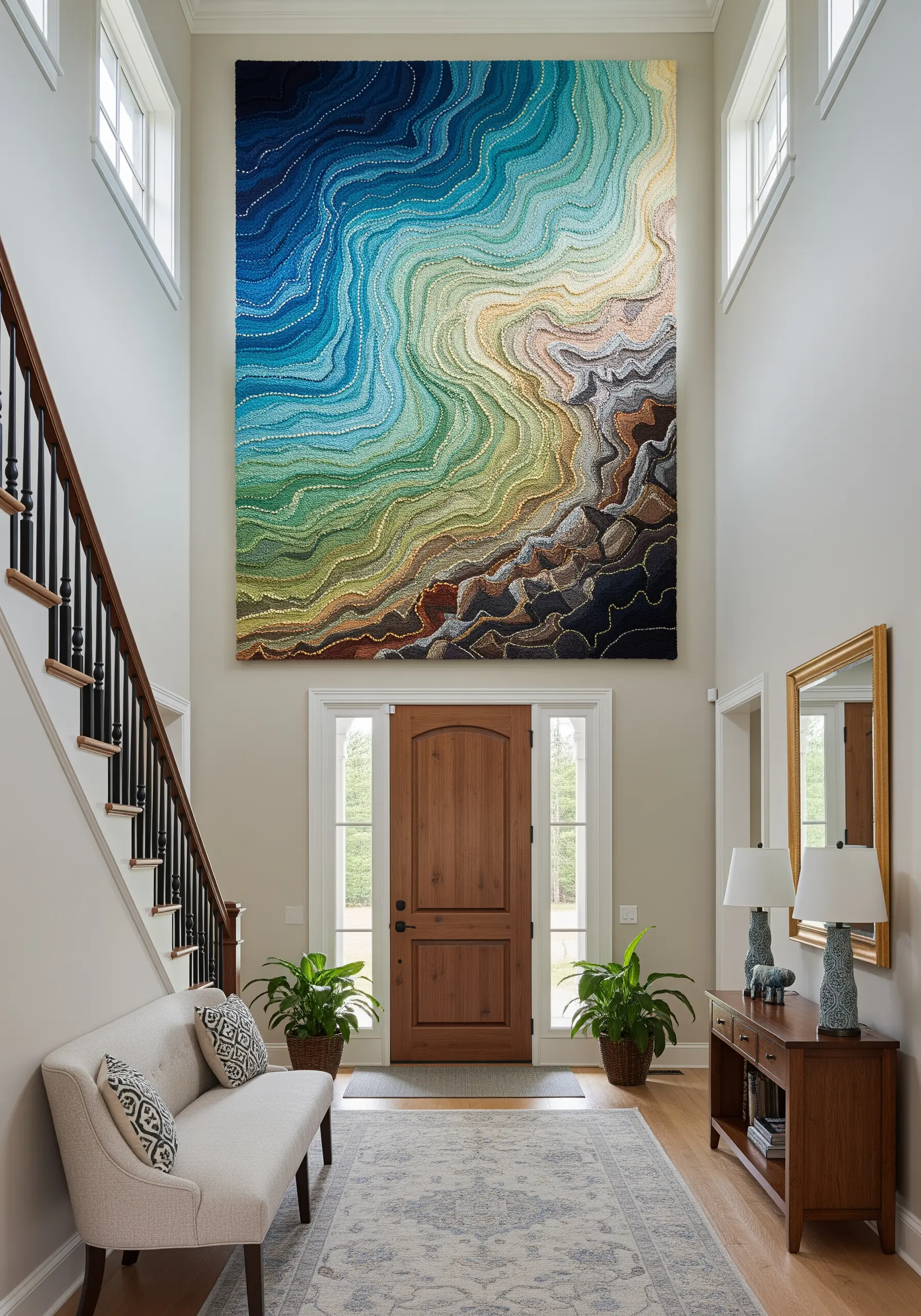 A massive, two-story wall hanging made of countless embroidered knots depicting an aerial landscape