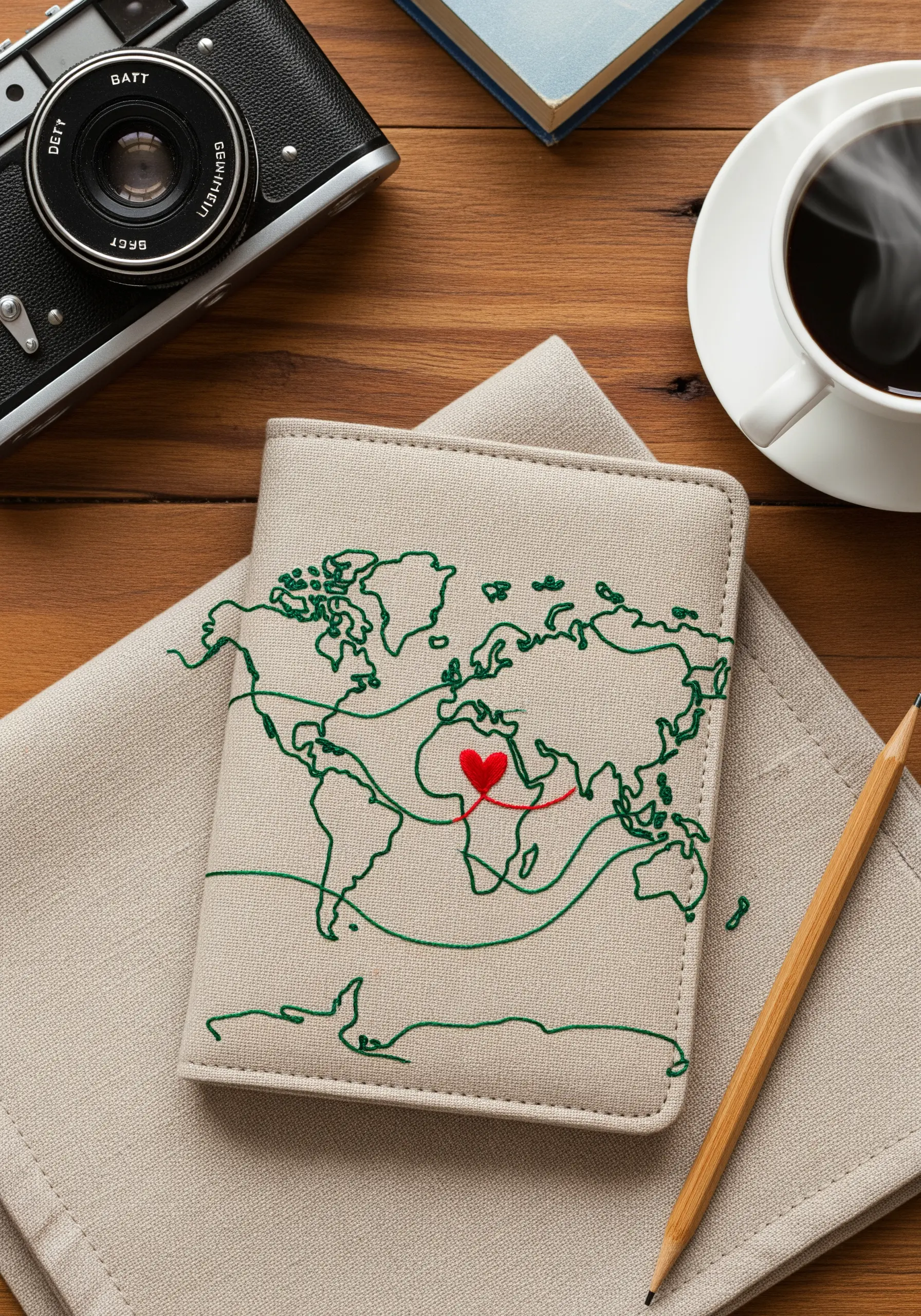 A passport cover embroidered with a continuous line world map and a small red heart over Africa.