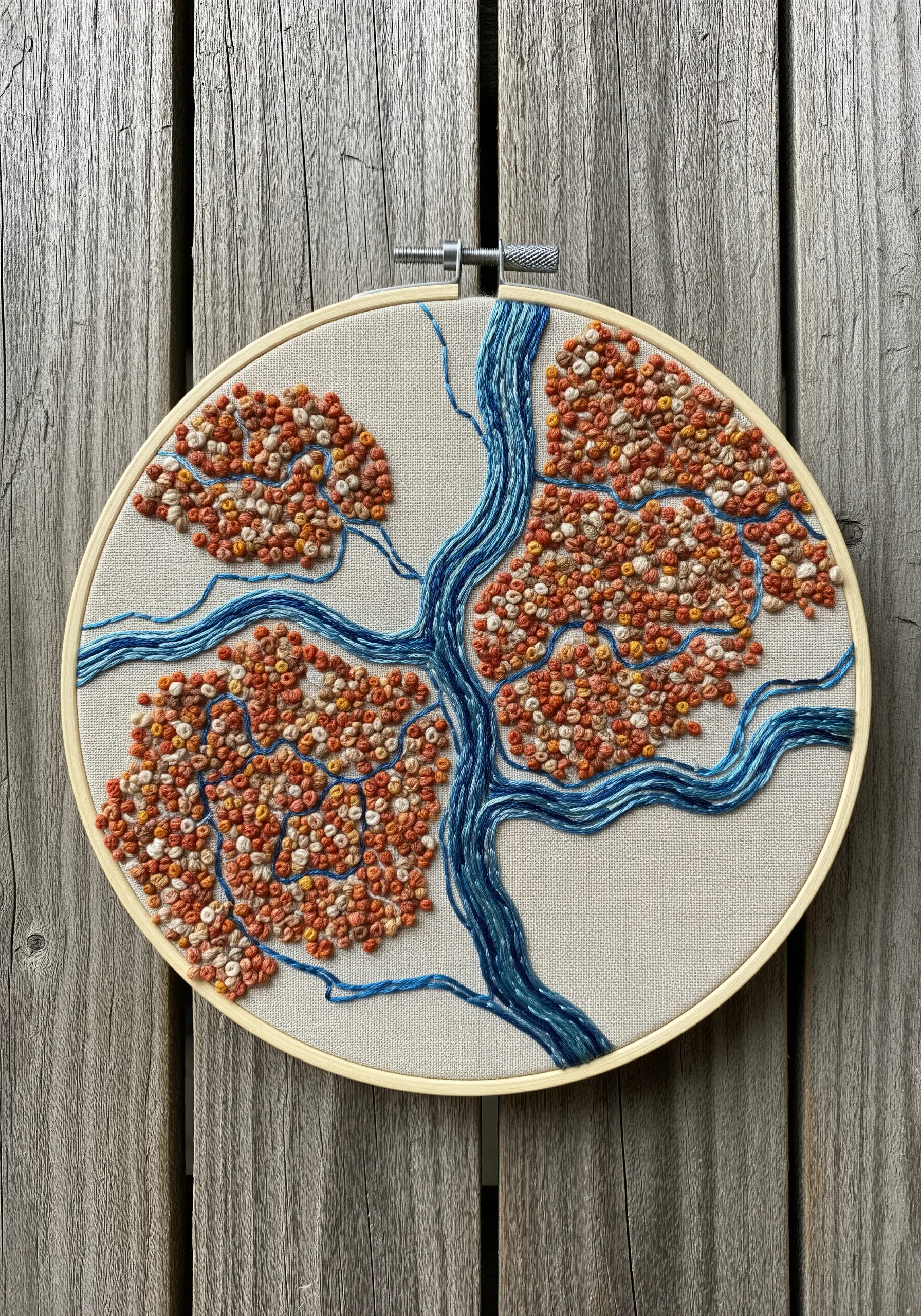 An aerial map embroidery with French knot landmasses and a flowing blue river.