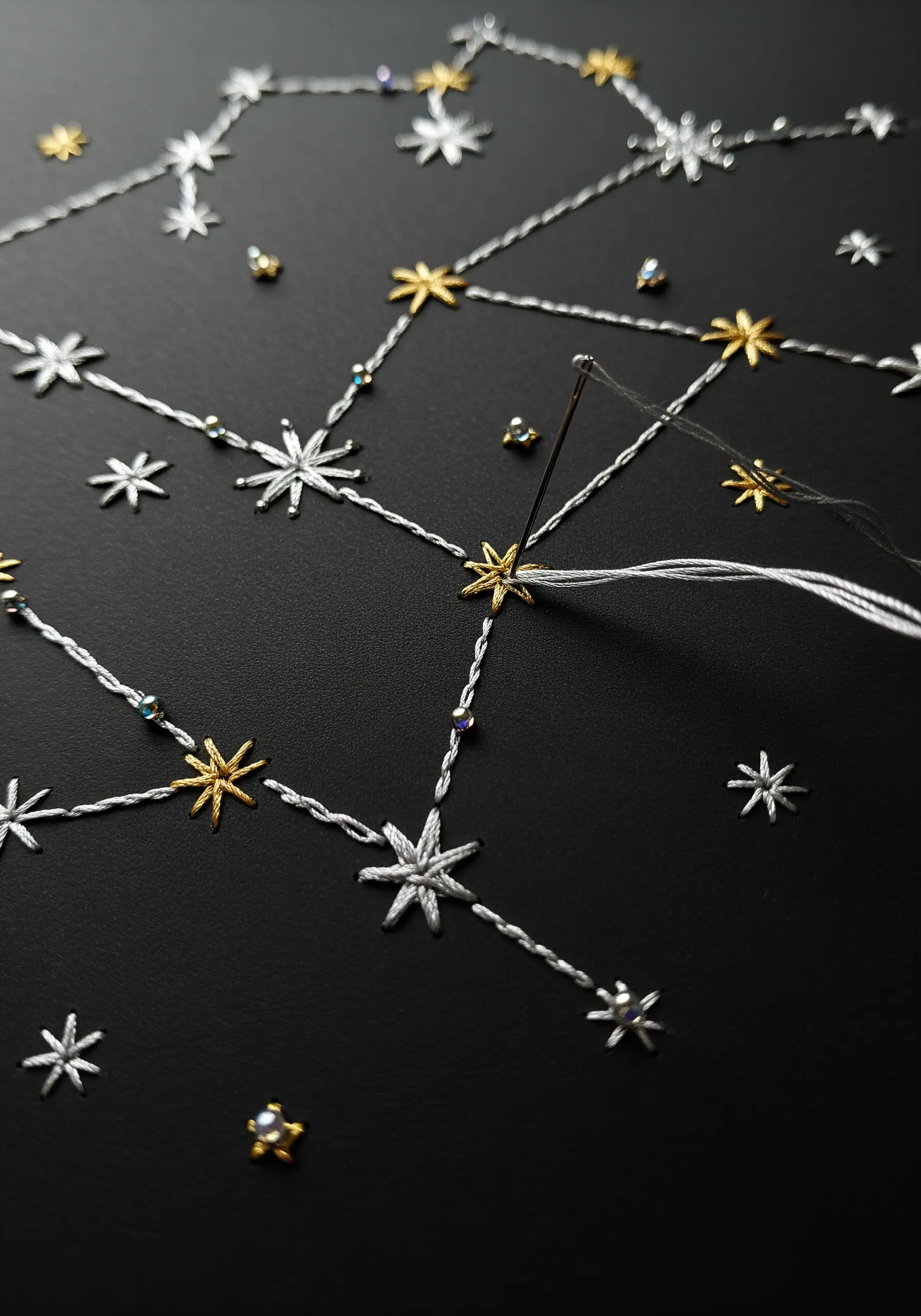 A constellation embroidered with silver and gold metallic thread and beads on black paper.