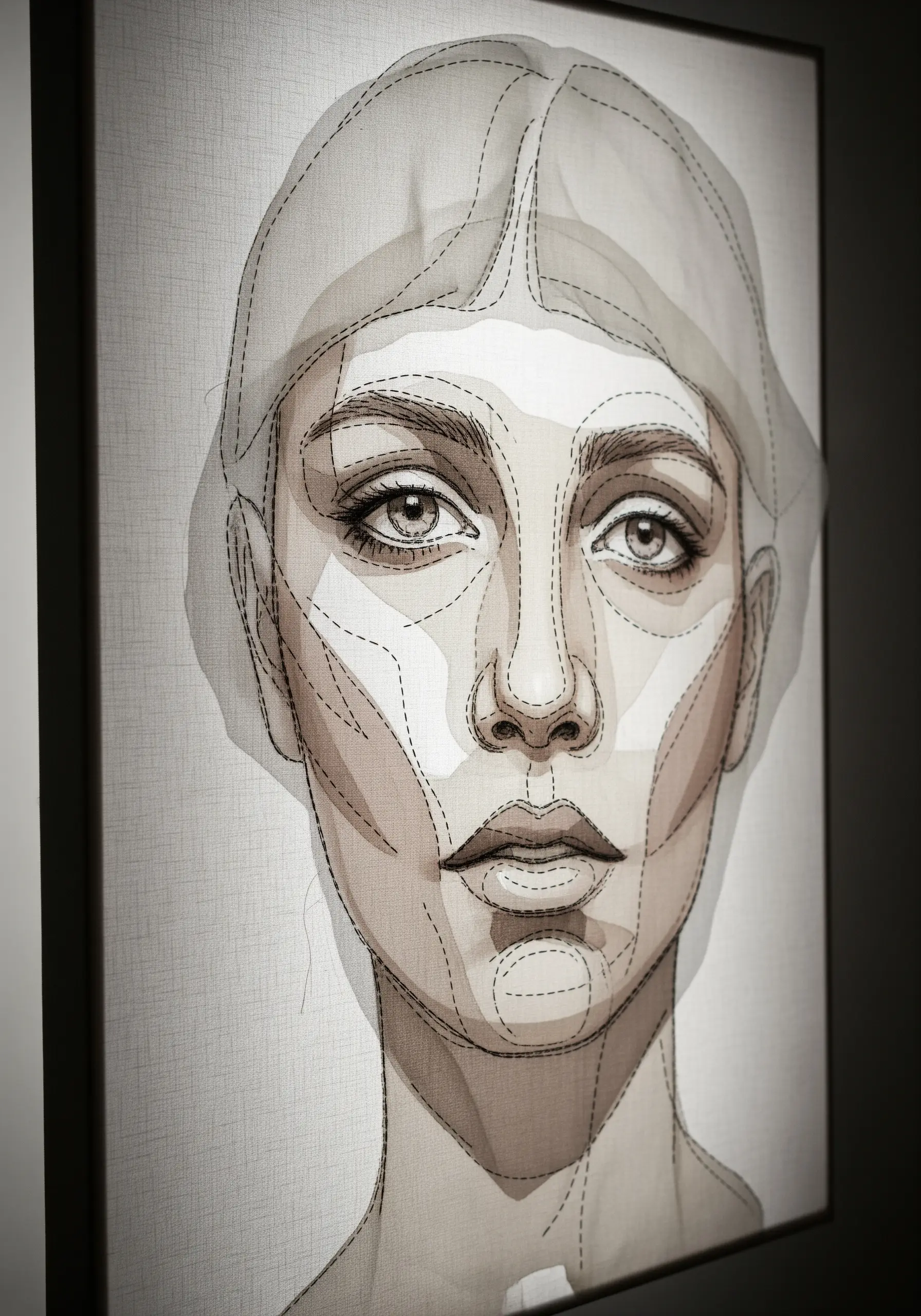 A portrait made from layered sheer fabric, with stitched lines defining facial contours.