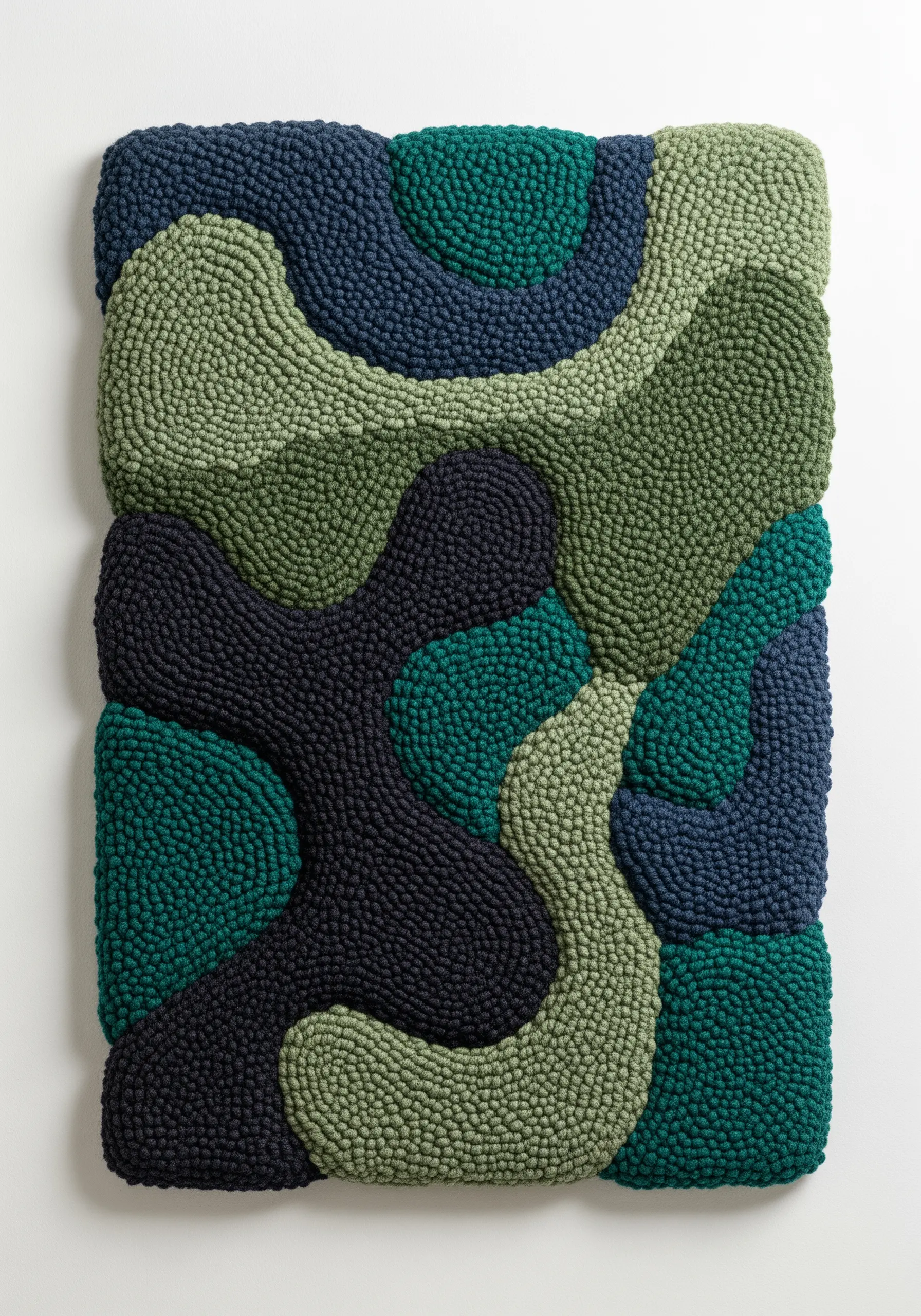 An abstract punch needle artwork with interlocking, curved shapes in shades of green and navy.