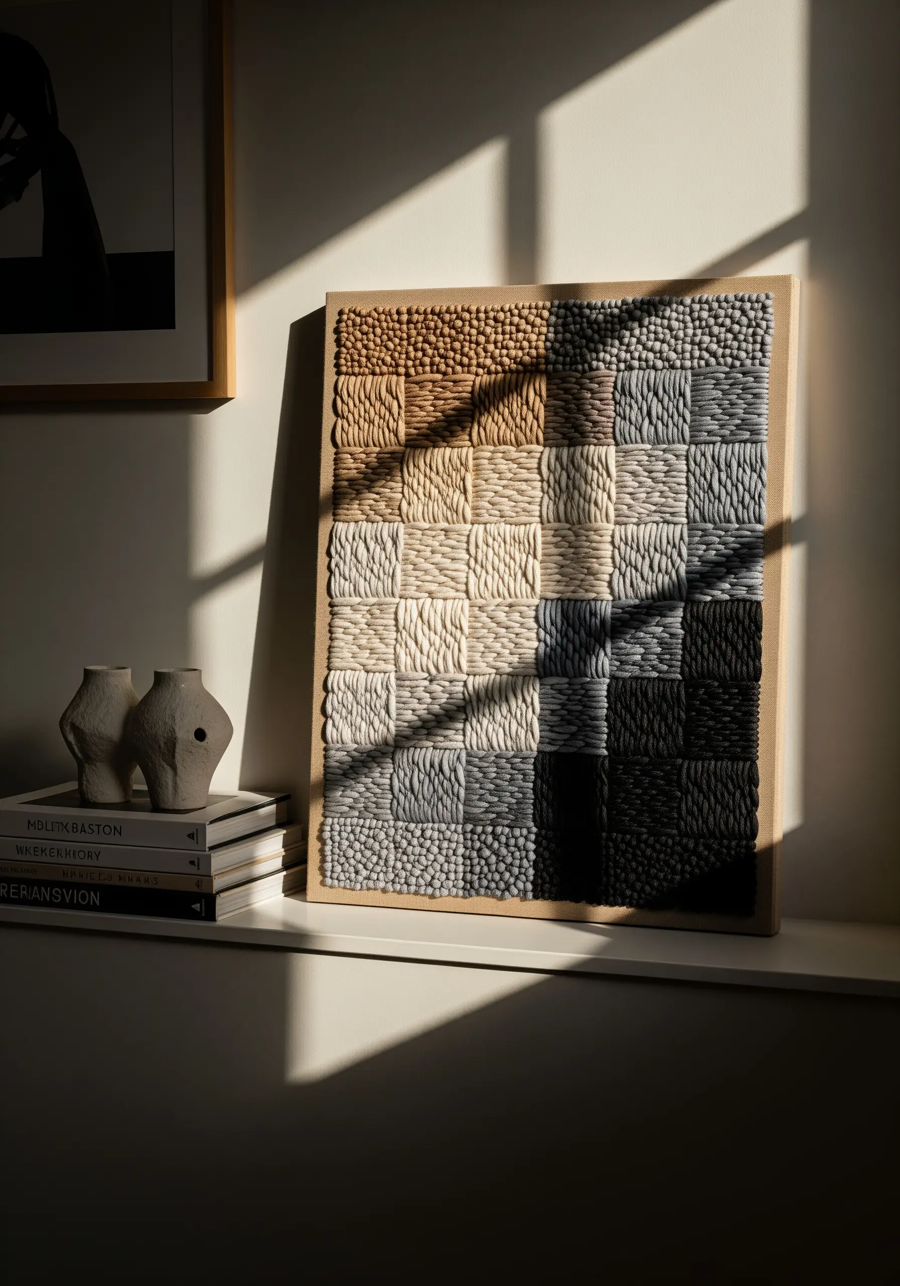 A color-blocked embroidery piece with squares of texture in a neutral gradient.