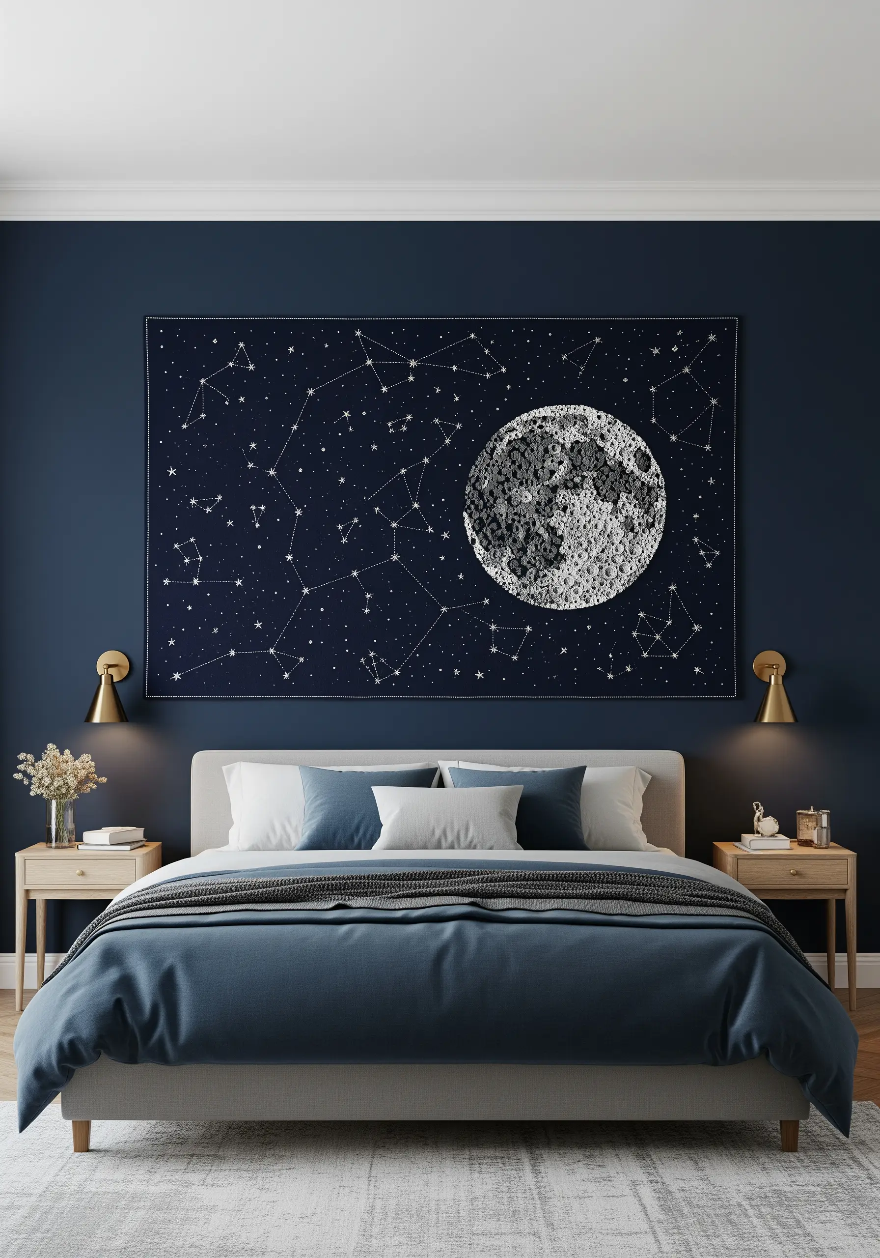 Large embroidered tapestry of the moon and constellations in white thread on navy fabric.