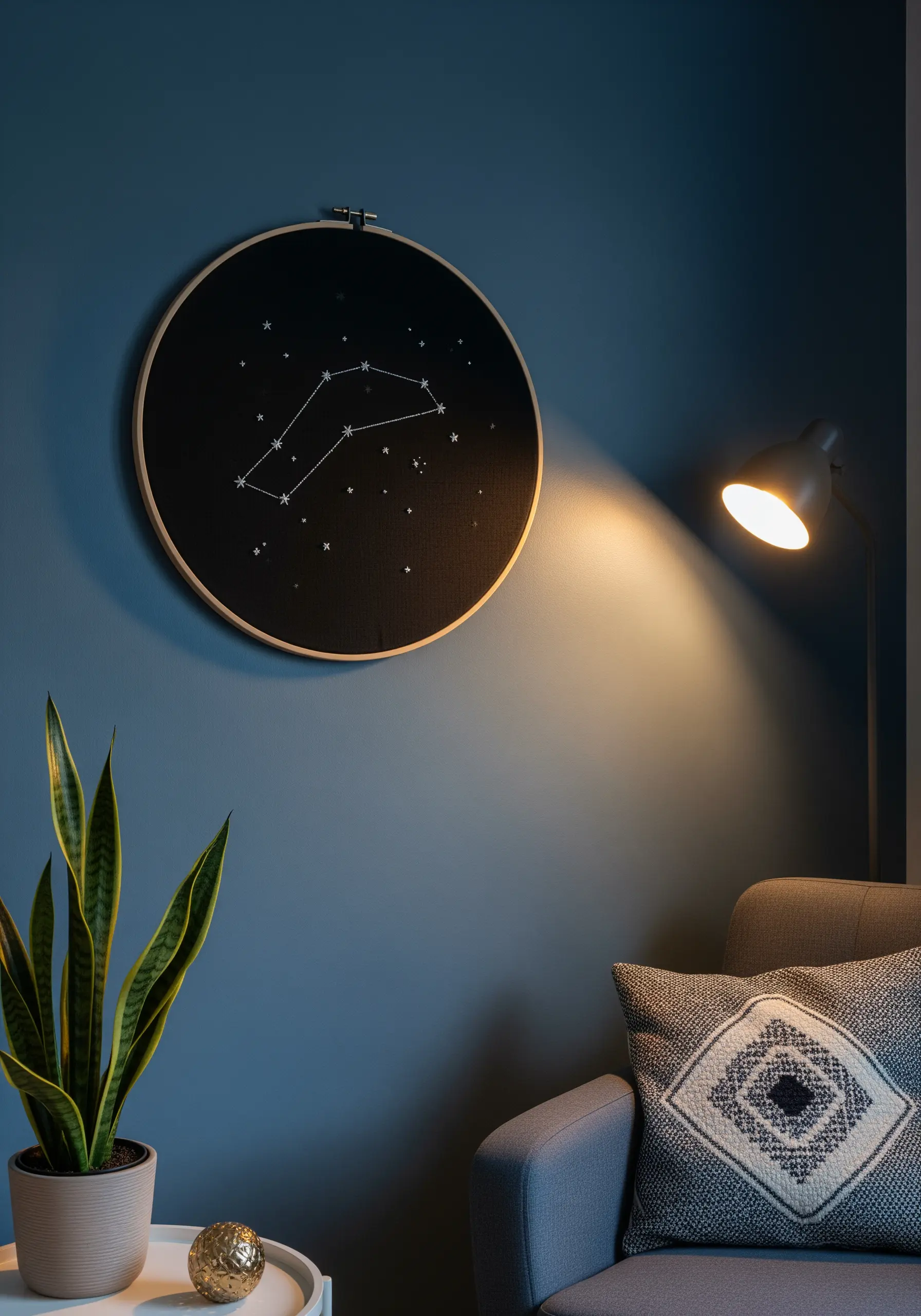 An embroidered constellation with French knot stars on a black background.