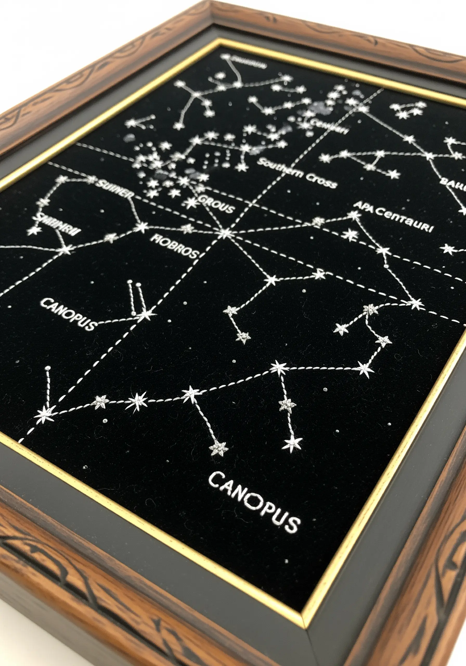 A framed star chart embroidered in white on black velvet with constellation names.