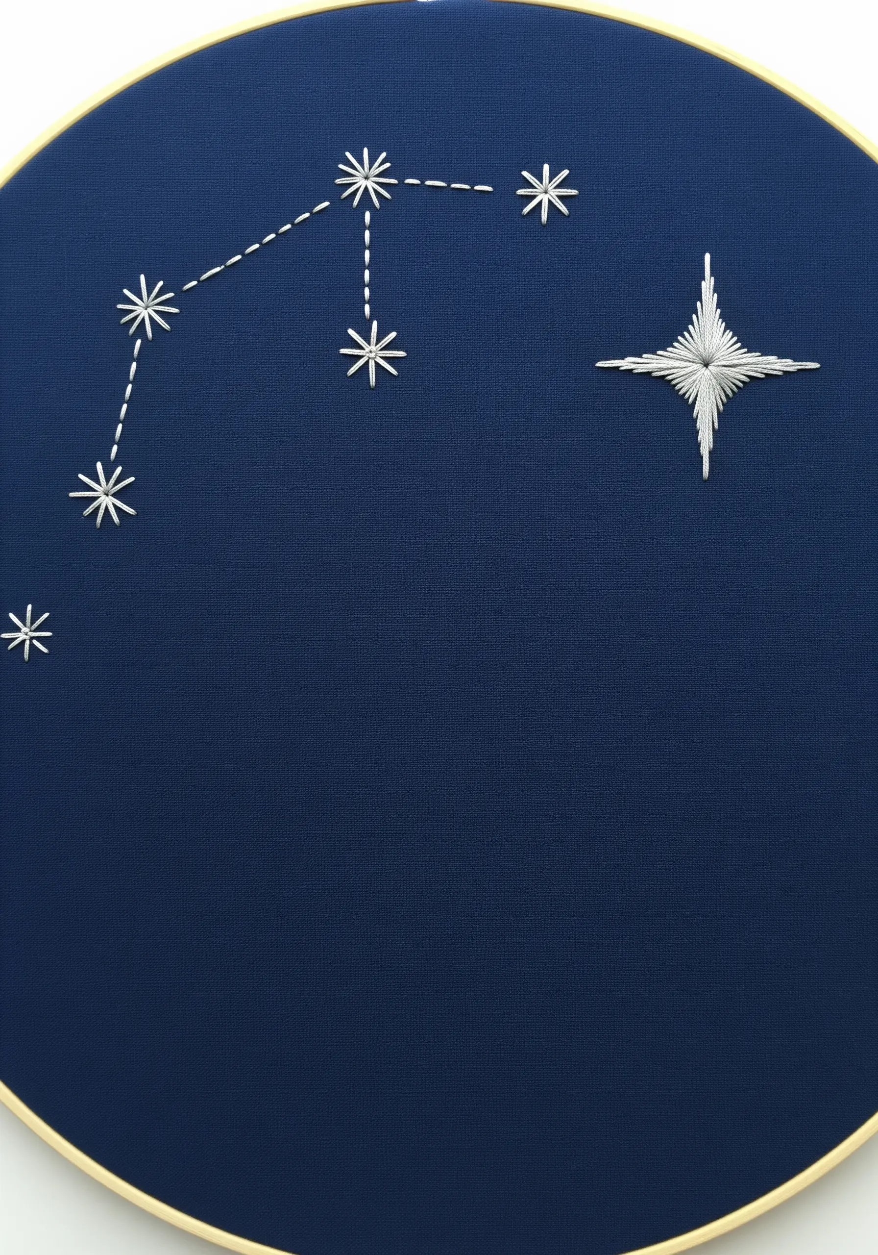 A simple star constellation stitched in white thread on a deep navy blue background.