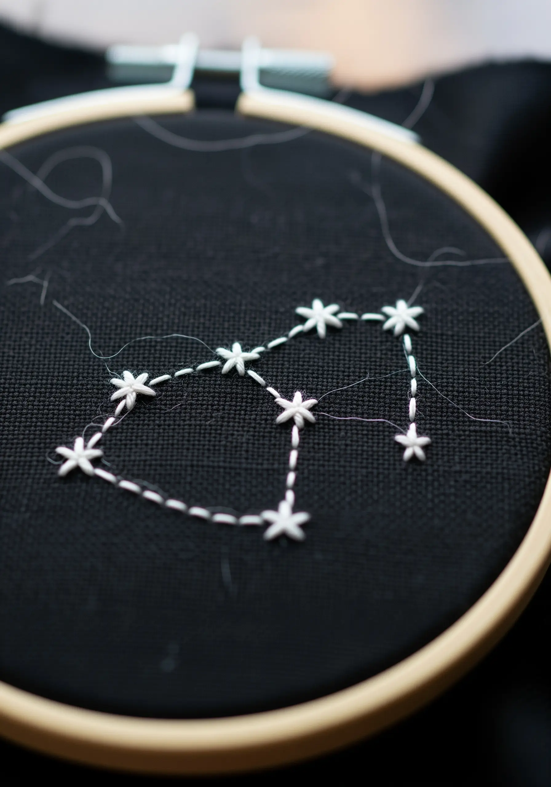 A star constellation stitched with running stitch and star stitches on black fabric.