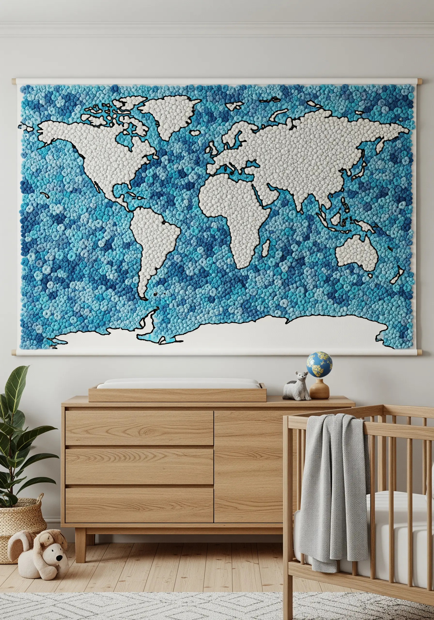 Large wall tapestry of a world map made entirely of blue and white French knots.