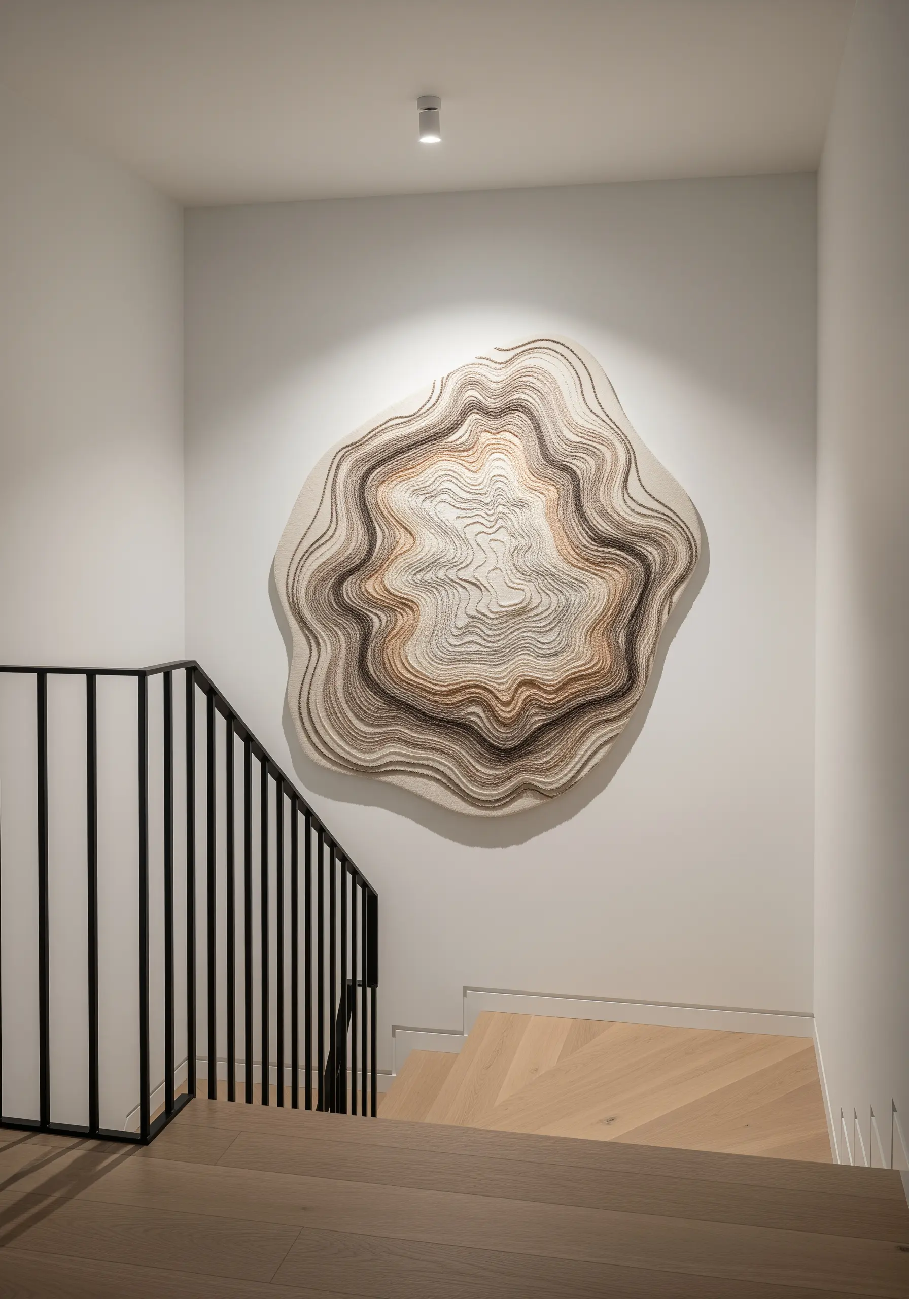 An organic, free-form embroidery with concentric lines mimicking tree rings.