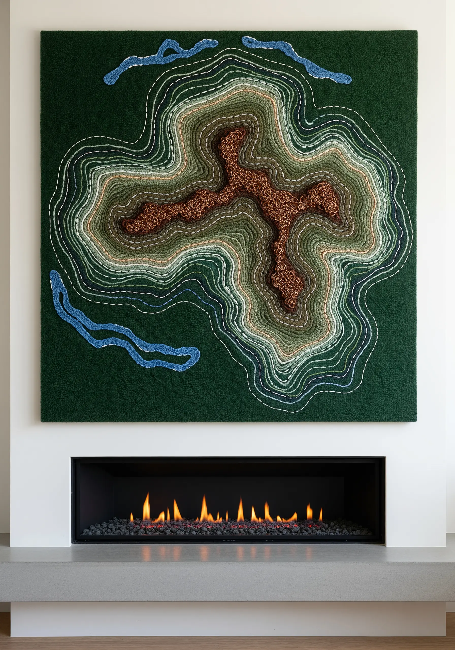 A large textile wall art piece above a fireplace depicting abstract topographical map lines.