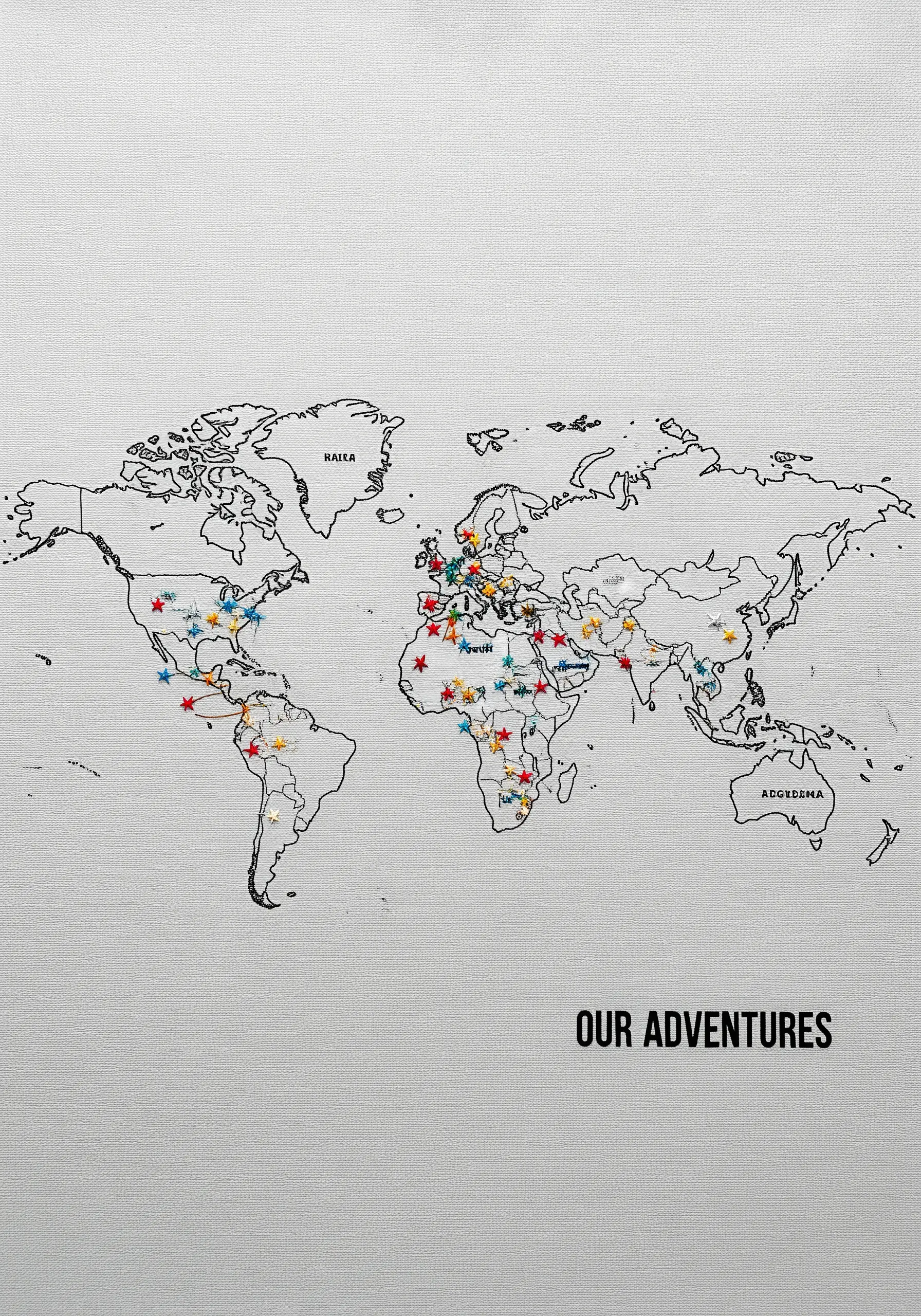Embroidered world map on canvas with colorful star stitches marking locations.