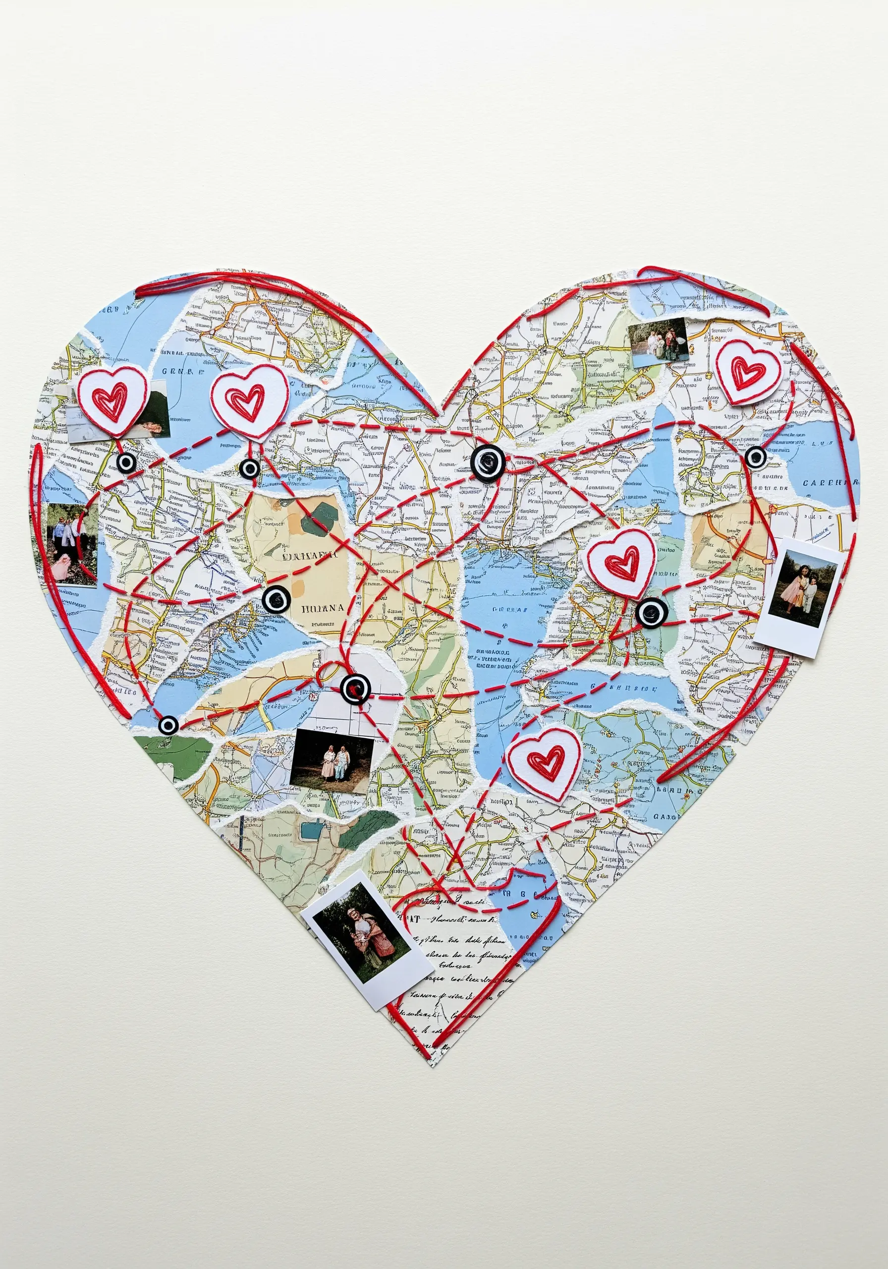 A heart-shaped map connecting small photos with a network of red thread.
