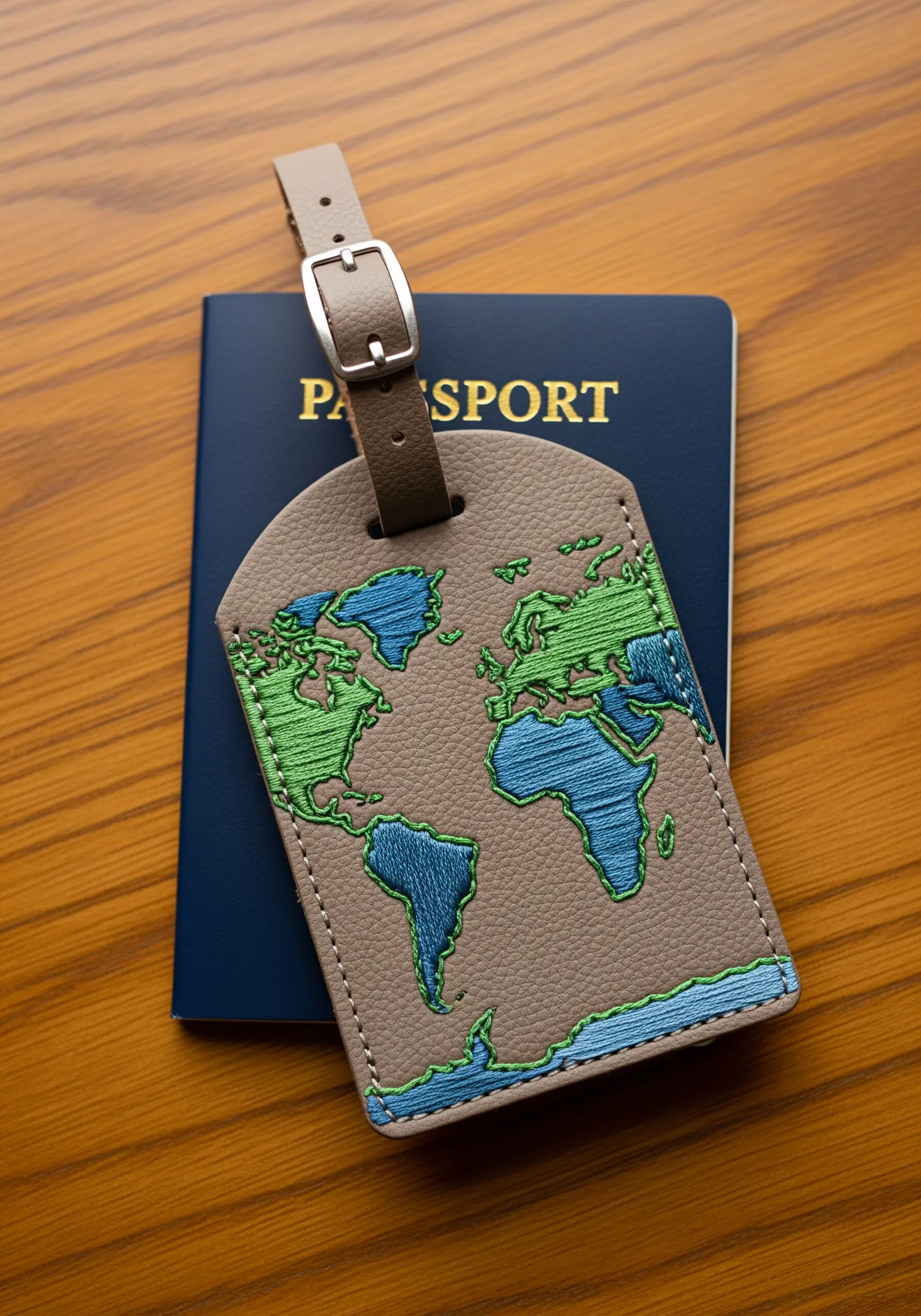A taupe leather luggage tag embroidered with a colorful world map resting on a passport.