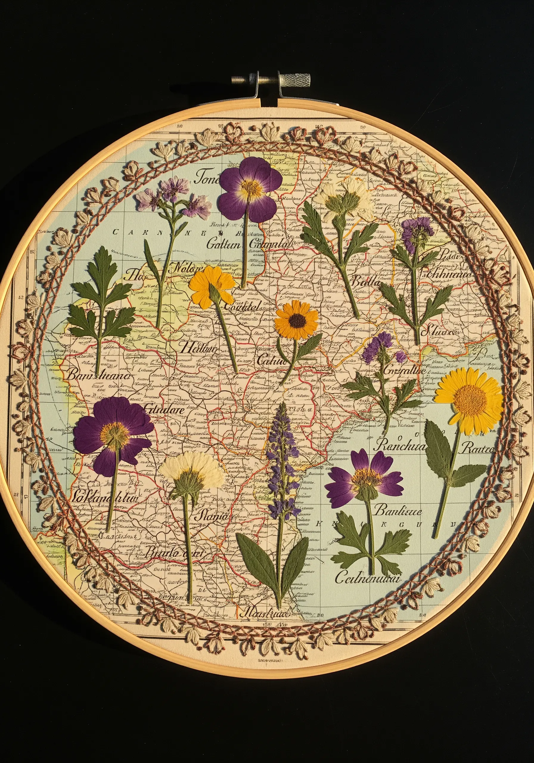 Pressed wildflowers arranged on top of a vintage map and stretched in an embroidery hoop.