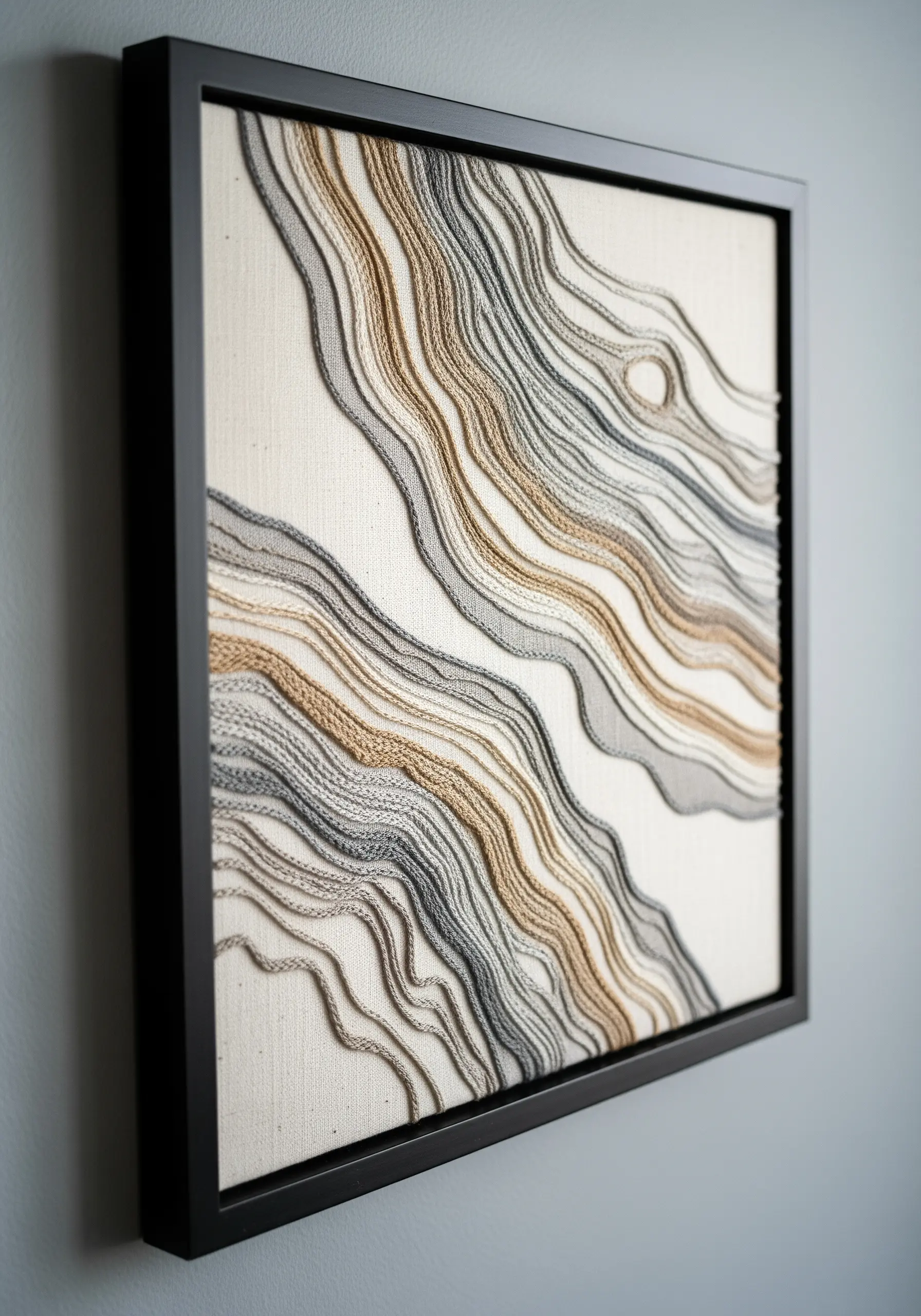 Framed abstract embroidery with flowing contour lines in neutral sand and grey tones.