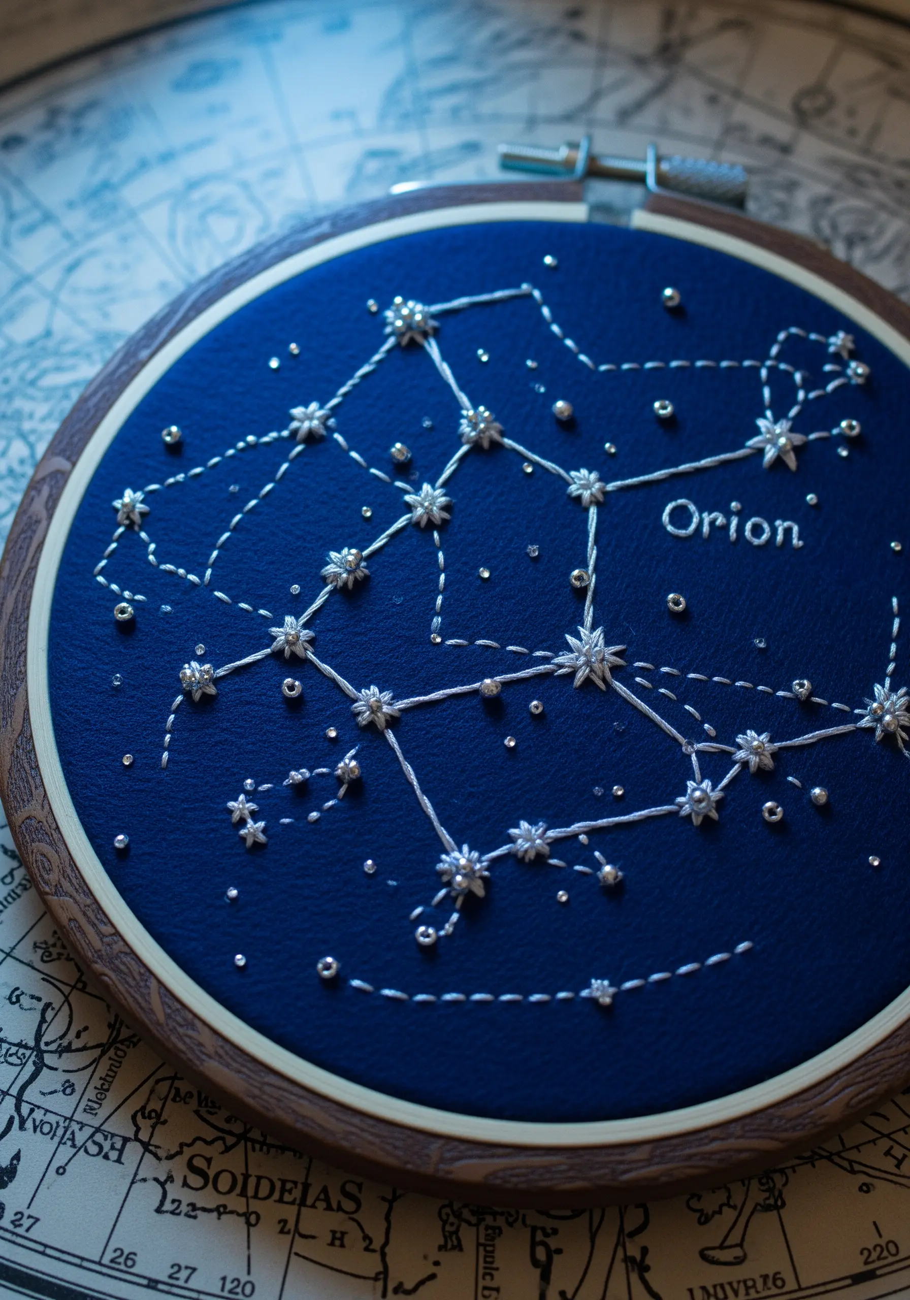The Orion constellation embroidered with silver metallic thread and star stitches on navy blue fabric.