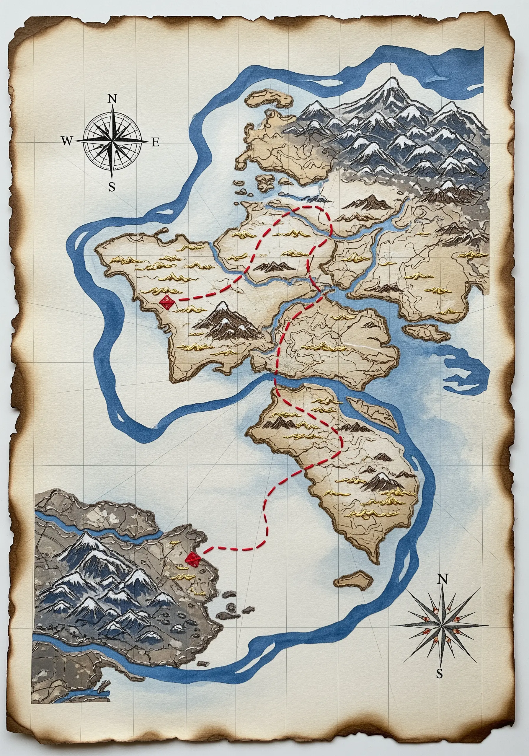 A fantasy map on aged paper with a journey's path stitched in red running stitch.