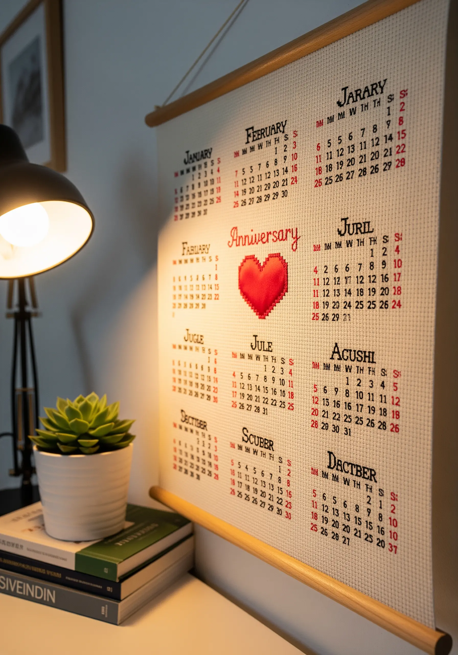 Cross-stitch anniversary calendar highlighting a date with a pixelated heart.