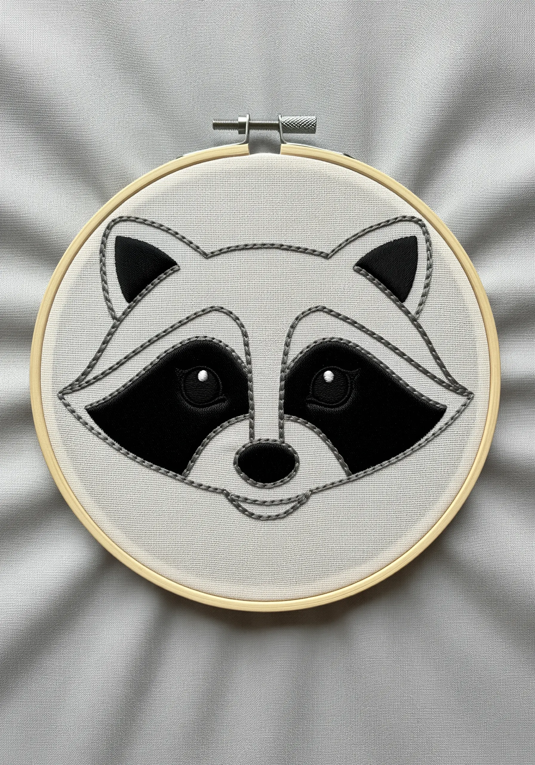 Raccoon face embroidery with clearly defined black and grey sections