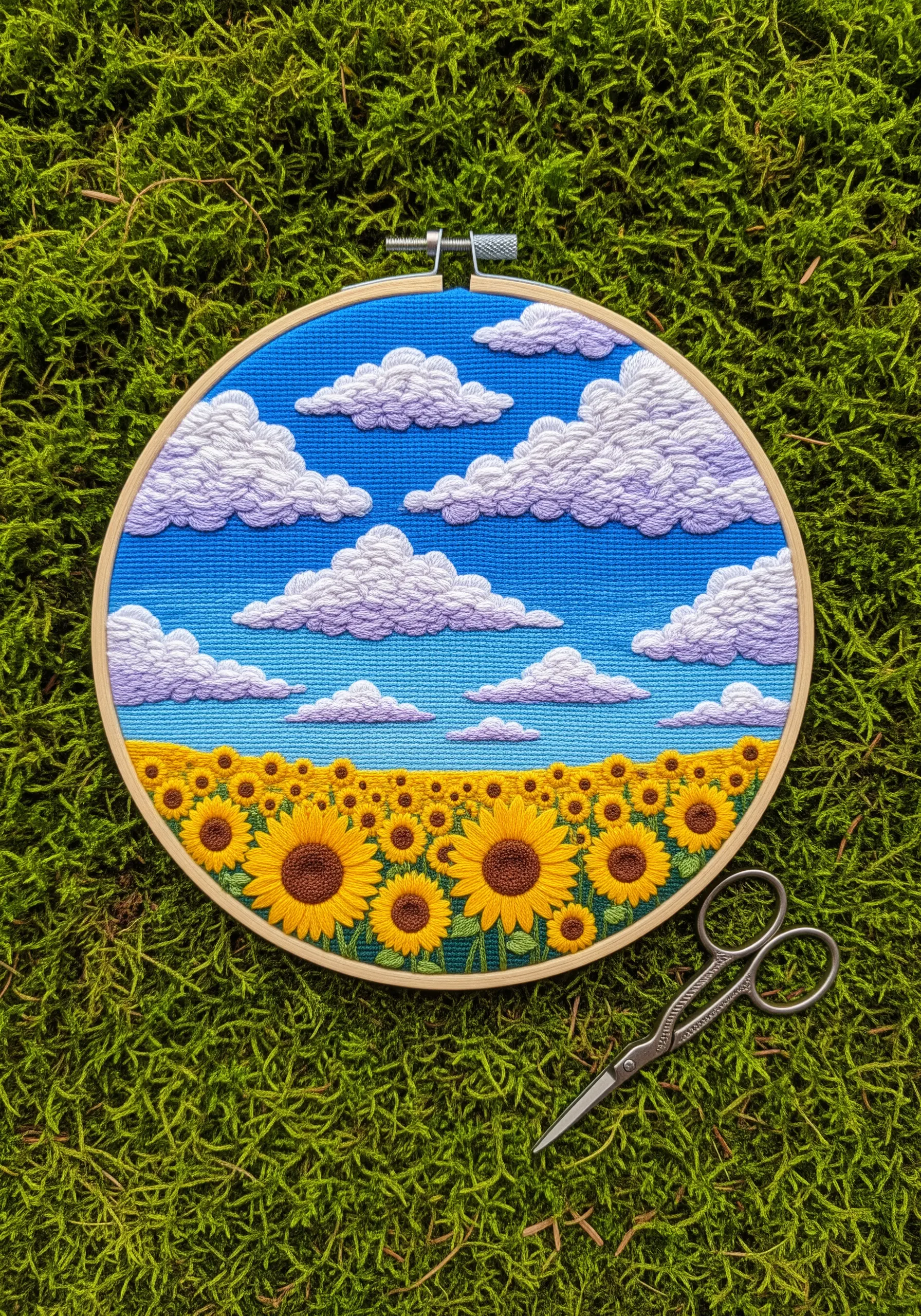 Puffy 3D clouds over sunflower field embroidery