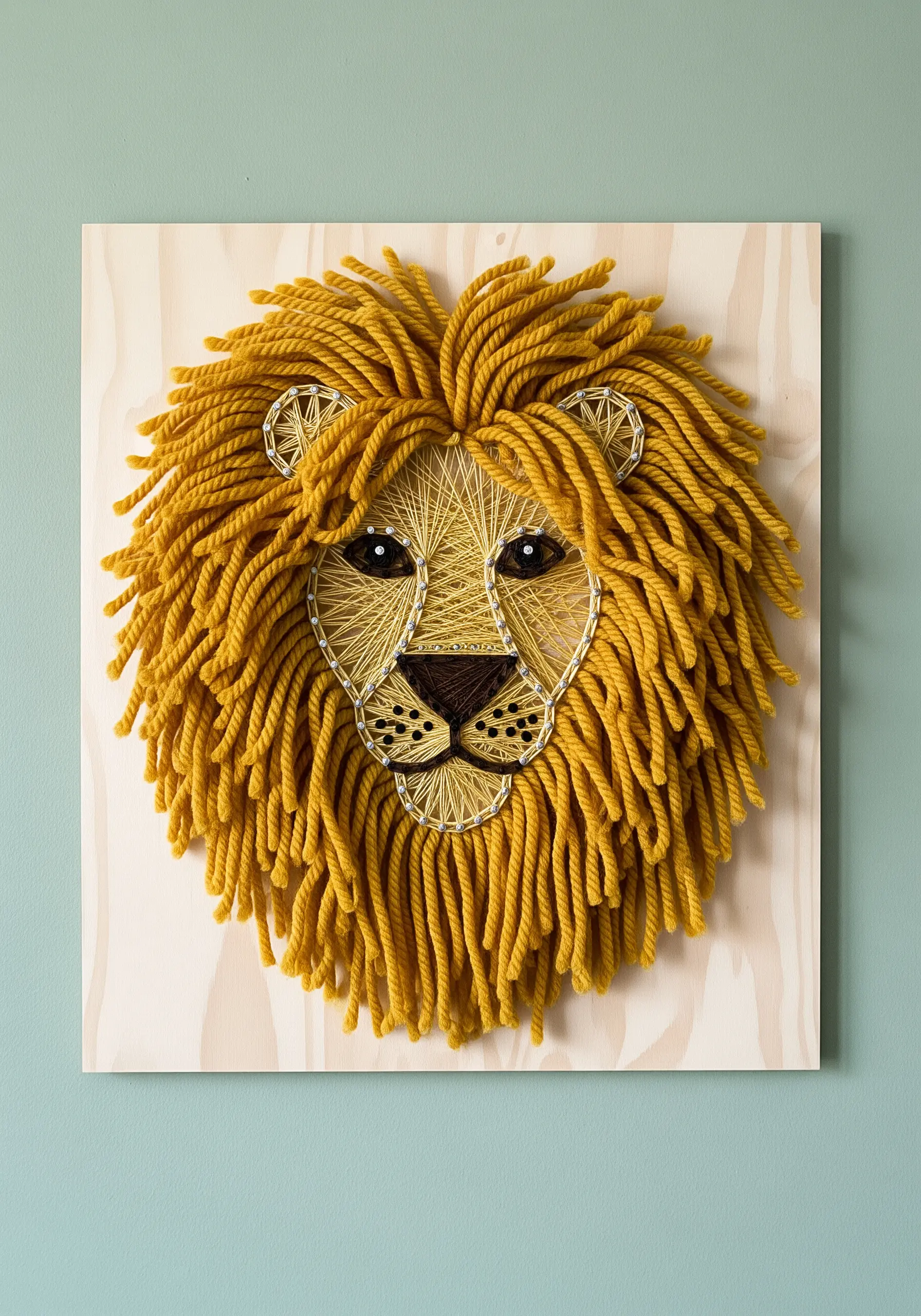 A lion's face with a highly textured, three-dimensional mane made from chunky yarn loops.