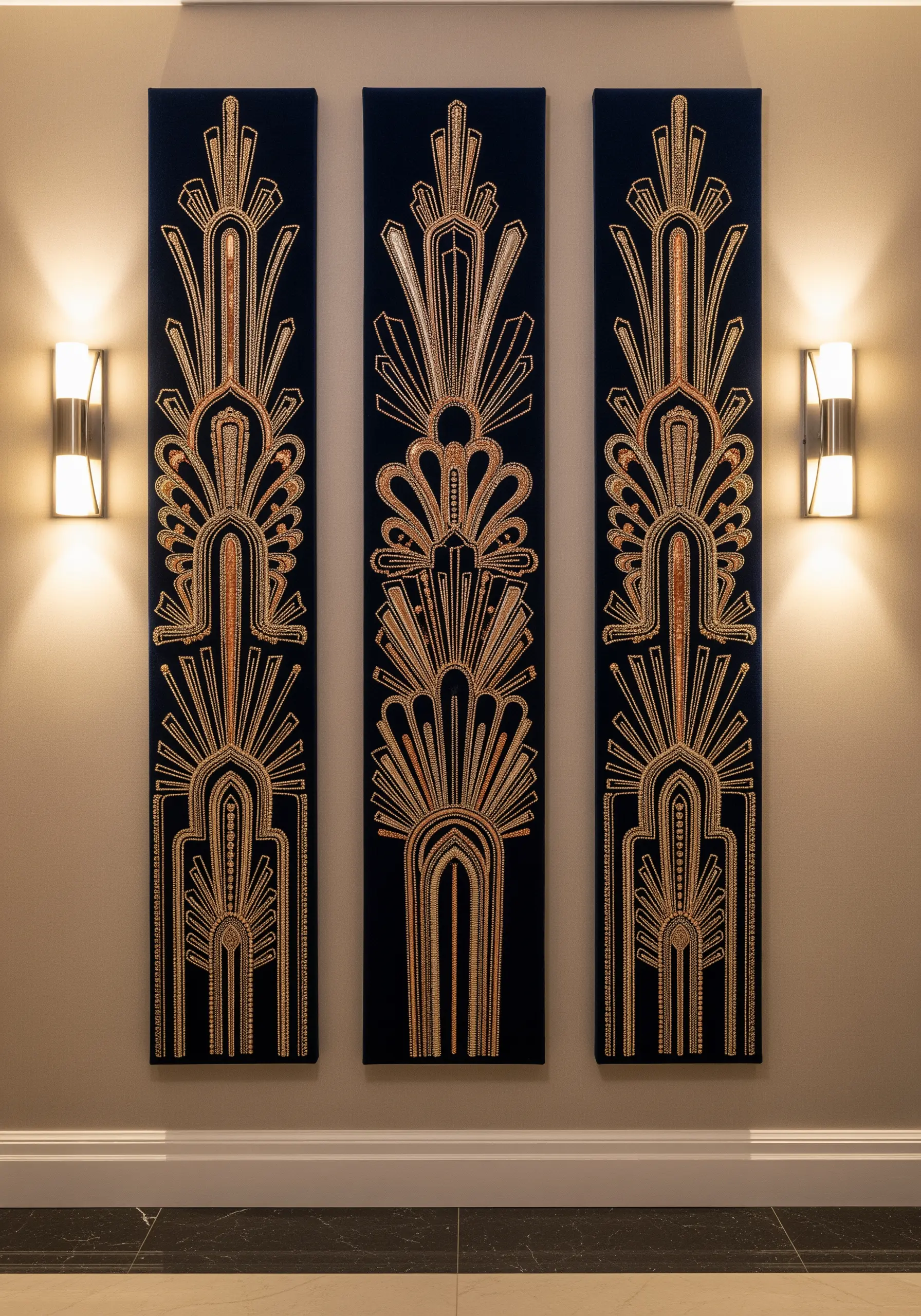 Three vertical Art Deco panels embroidered with gold and silver metallic thread on black velvet.