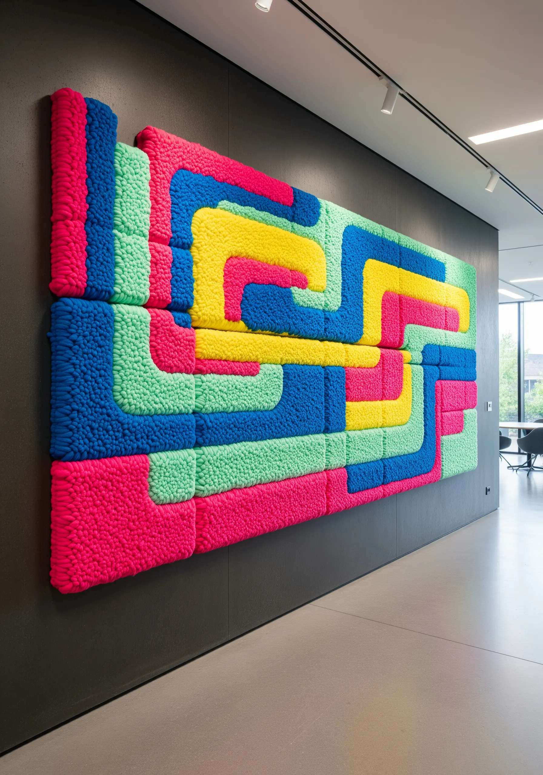 Large-scale tufted wall art with bold, geometric color blocks in neon pink, yellow, and blue.