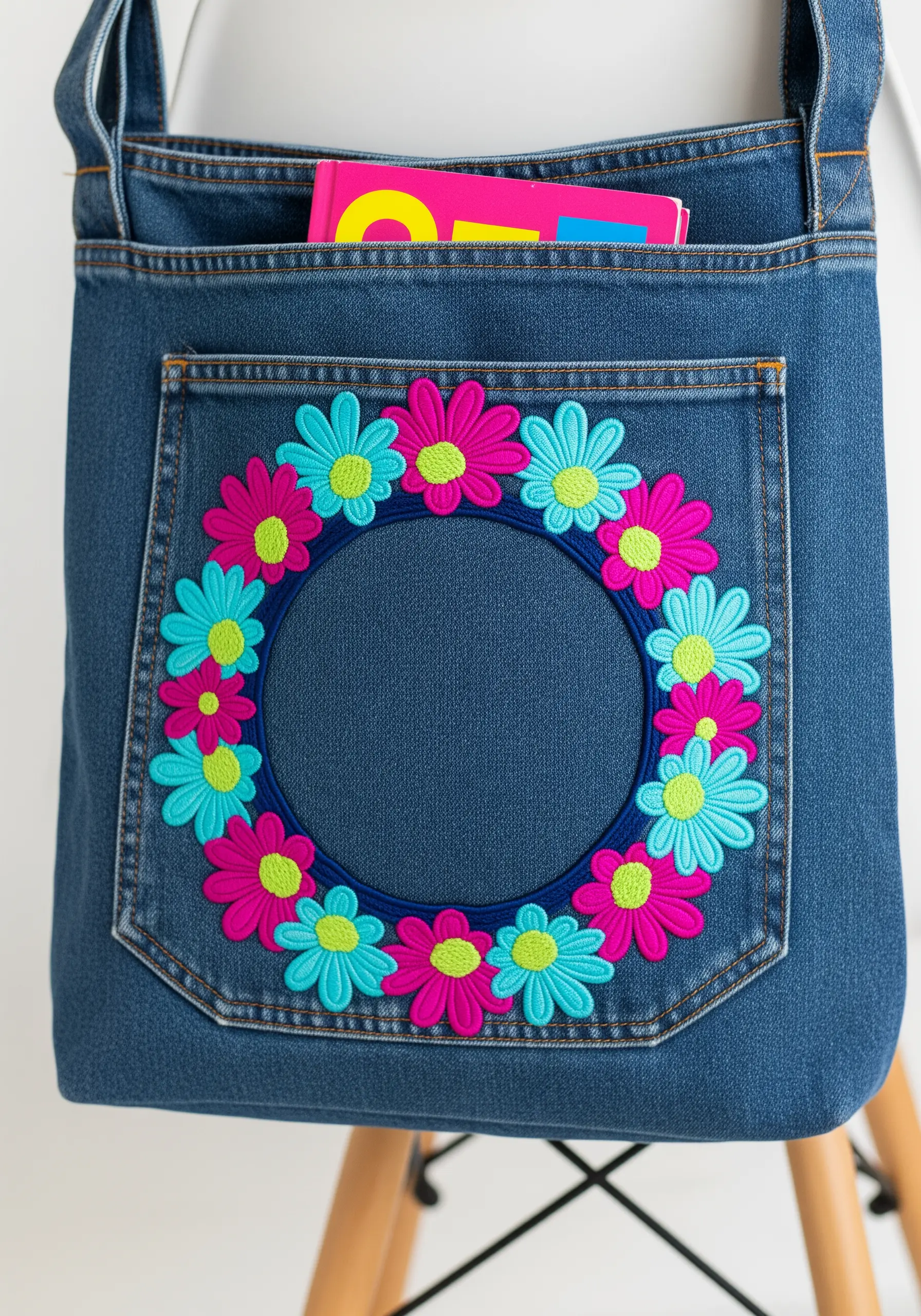 A floral wreath of neon pink and turquoise daisies embroidered on a denim bag pocket.