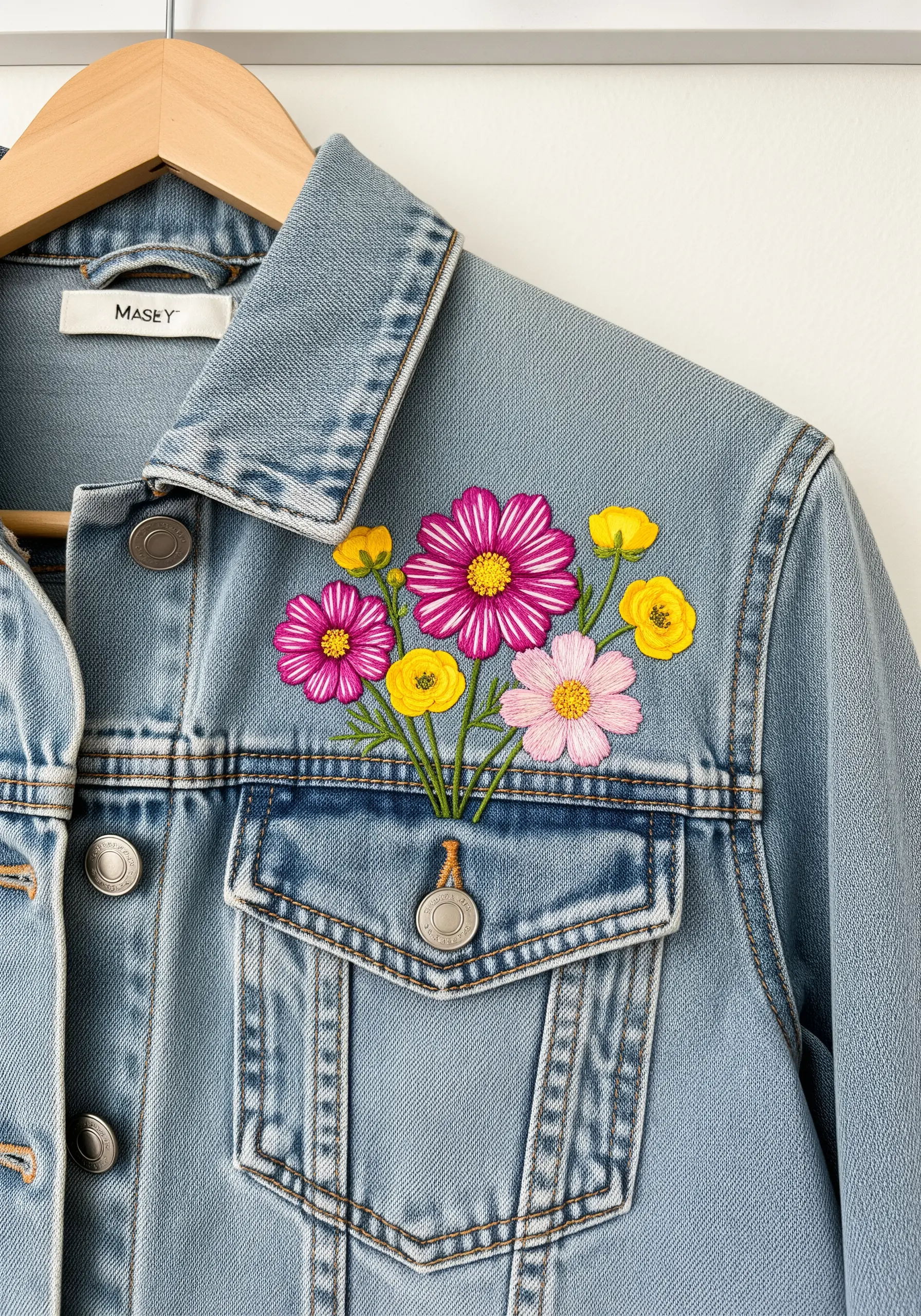A vibrant floral bouquet embroidered onto the pocket of a blue denim jacket.